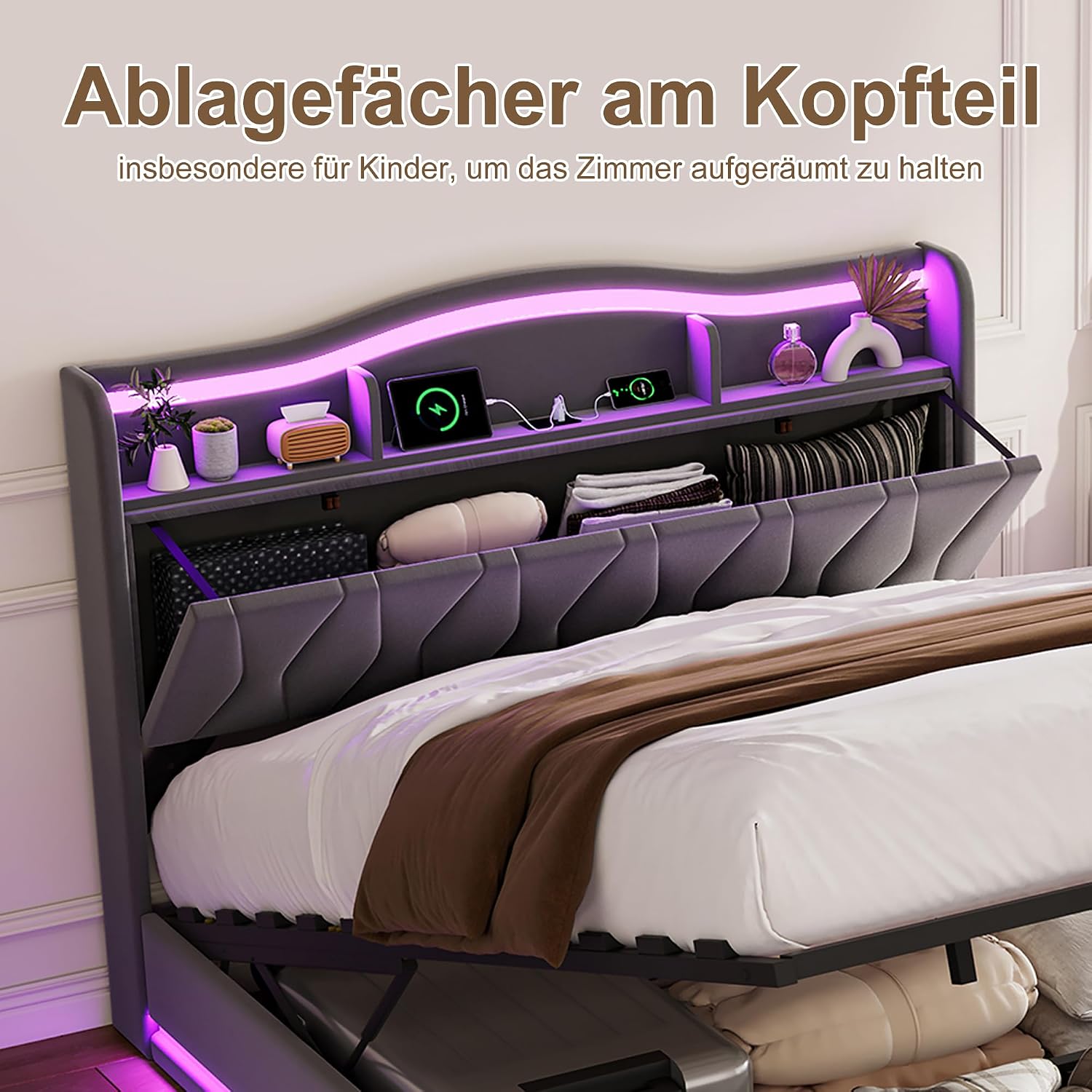 Lit Coffre BRILVERDE | LED RGB & Port USB | Sommier à Lattes | Tissu Lin | 90 à 160 x 200 cm