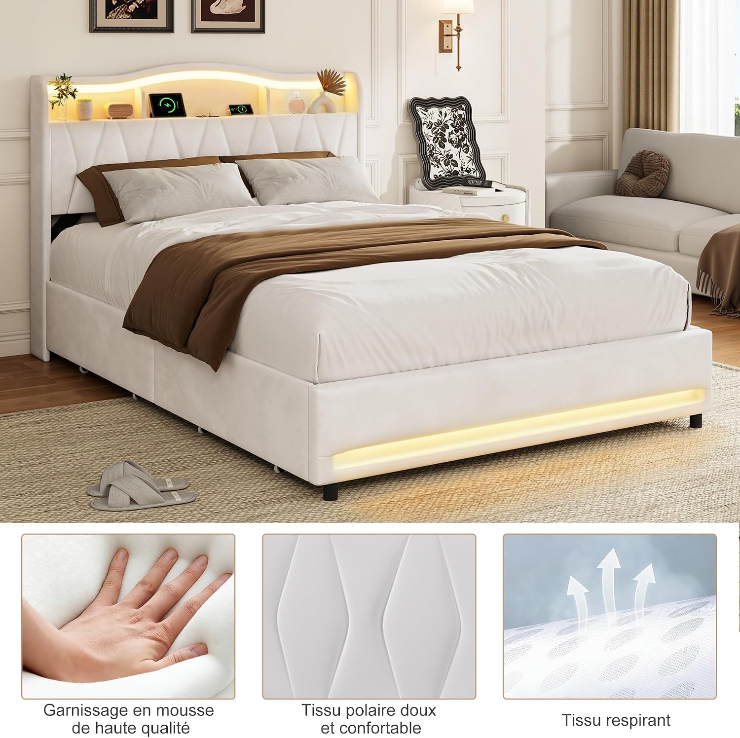 Lit Double 140x200 cm – 4 Tiroirs de Rangement, Éclairage LED +6000 Couleurs & Tête de Lit Réglable en PU