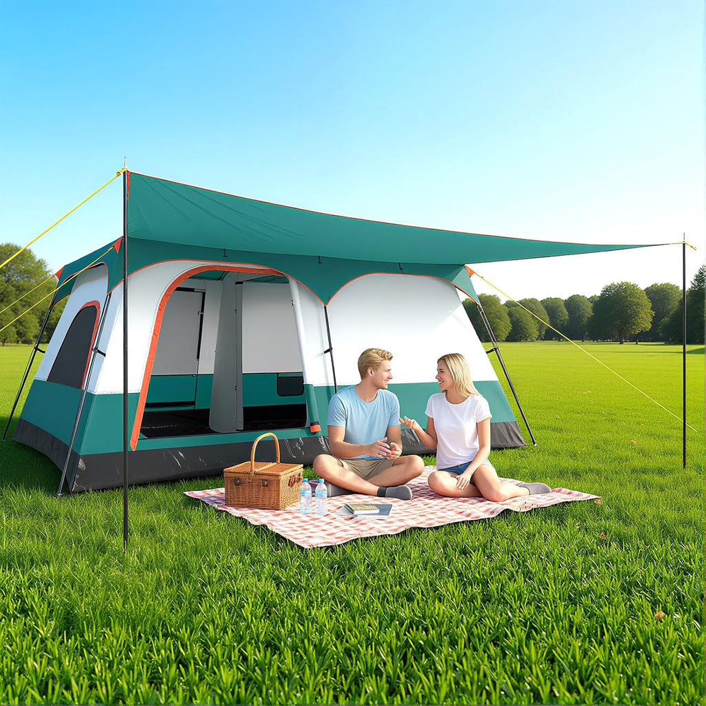 GYMAX Grote campingtent met luifel, 2 aparte slaapkamers, dakraam, afneembaar regenzeil, deuren en ramen, oprolbaar, voor buiten, concerten, picknick