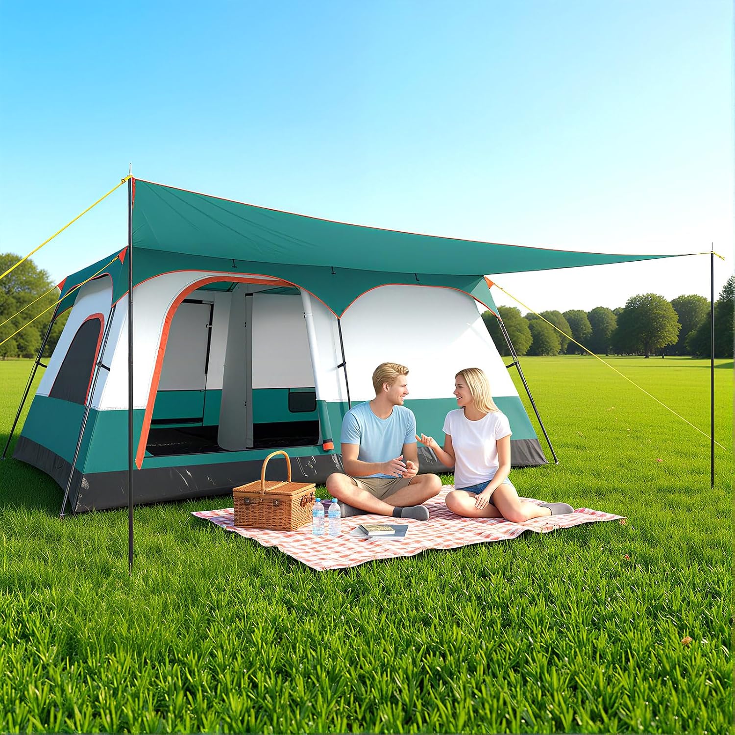 GYMAX Grote campingtent met luifel, 2 aparte slaapkamers, dakraam, afneembaar regenzeil, deuren en ramen, oprolbaar, voor buiten, concerten, picknick