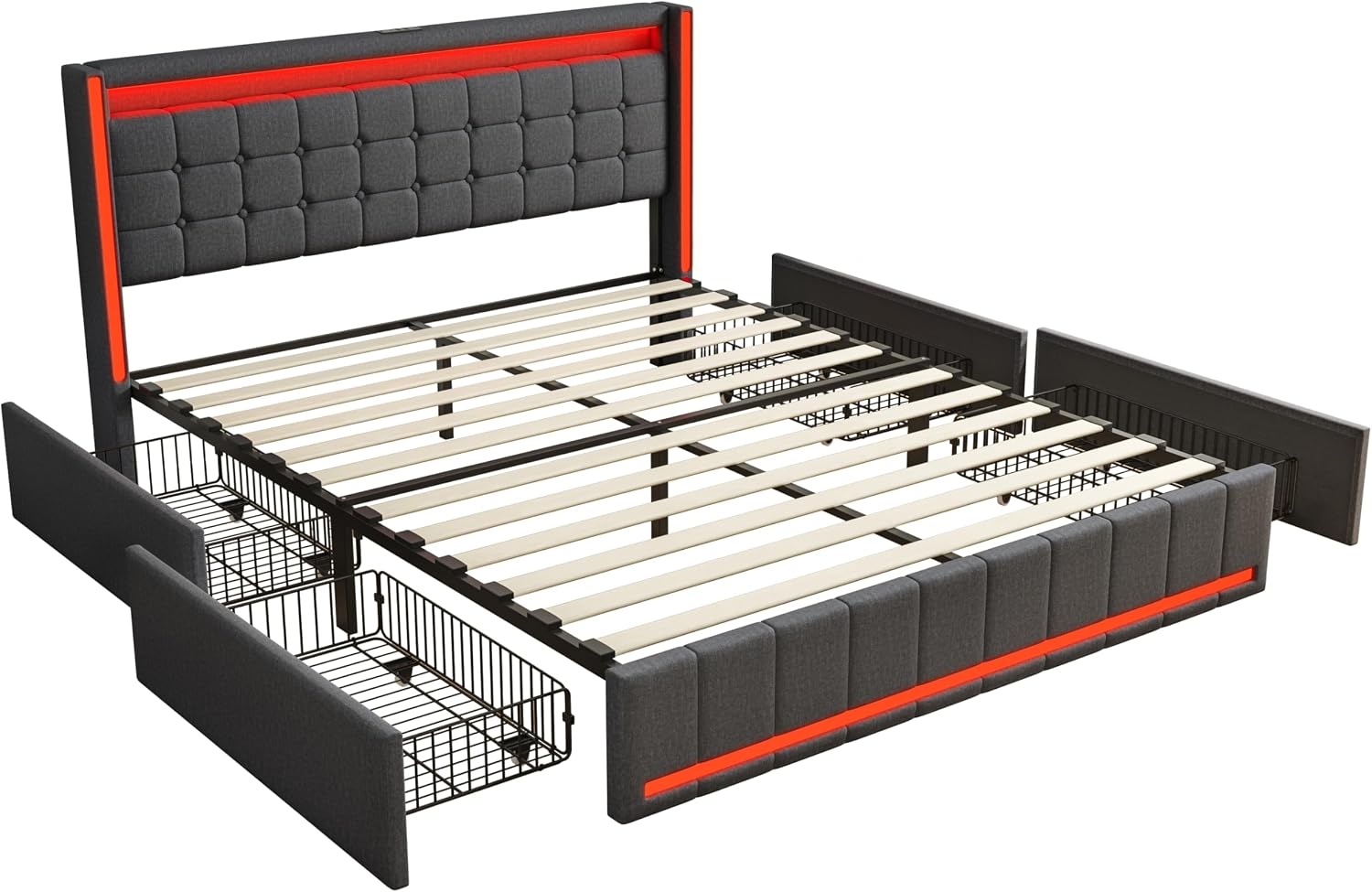 Lit Double 140x200 cm – 4 Tiroirs de Rangement, Éclairage LED +6000 Couleurs & Tête de Lit Réglable en PU