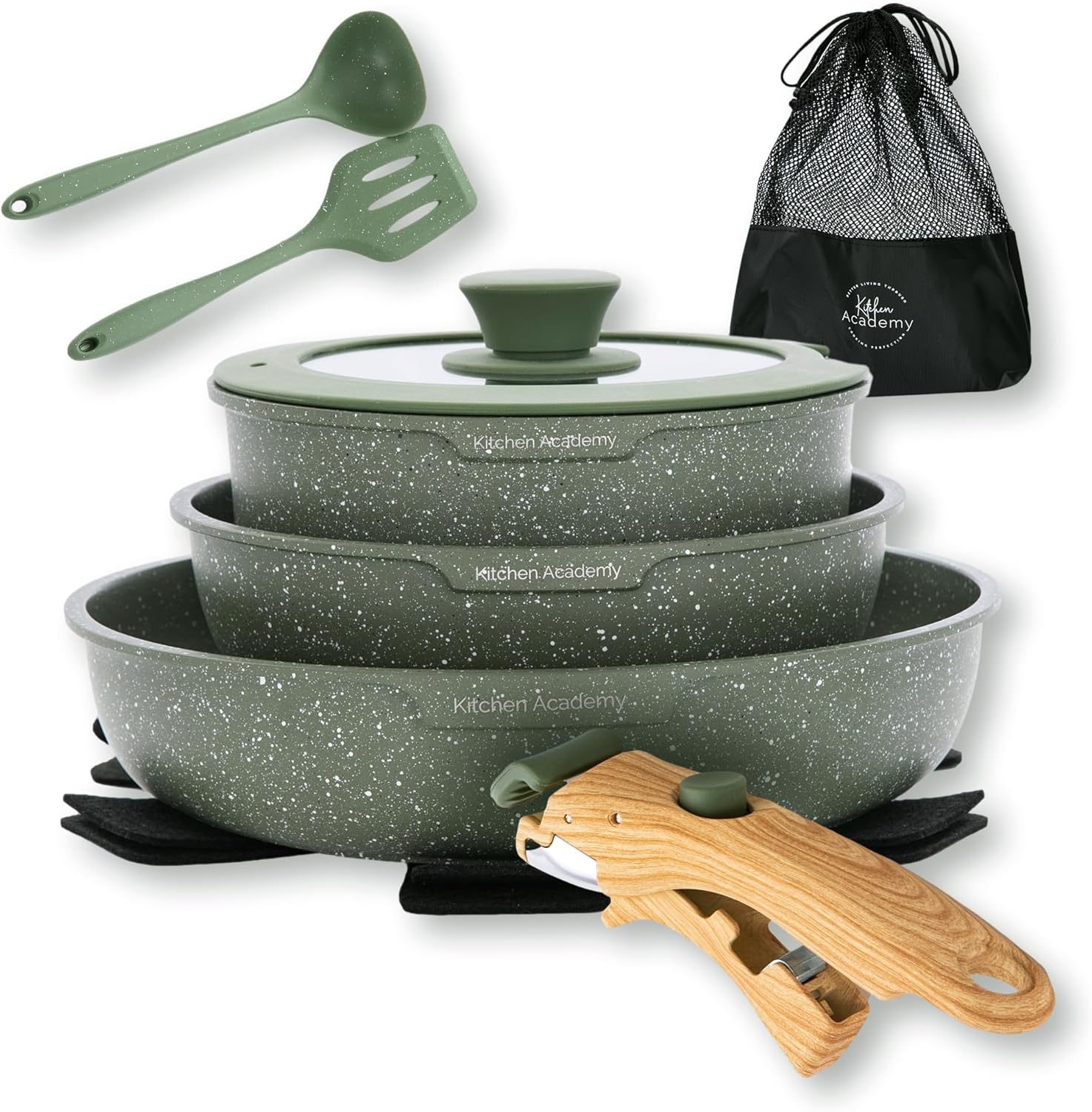 Batterie de Cuisine Kitchen Academy 10 Pièces – Poignée Amovible, Induction, Camping, Vert