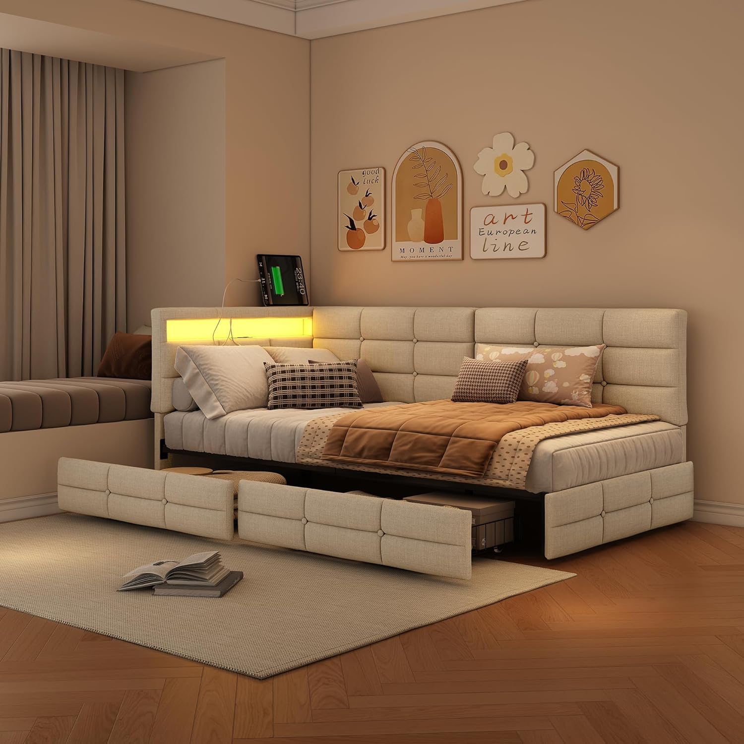 Lit Coffre 90x200 cm – Tête de Lit Rangement, Éclairage LED 16 Couleurs & Ports USB/USB-C