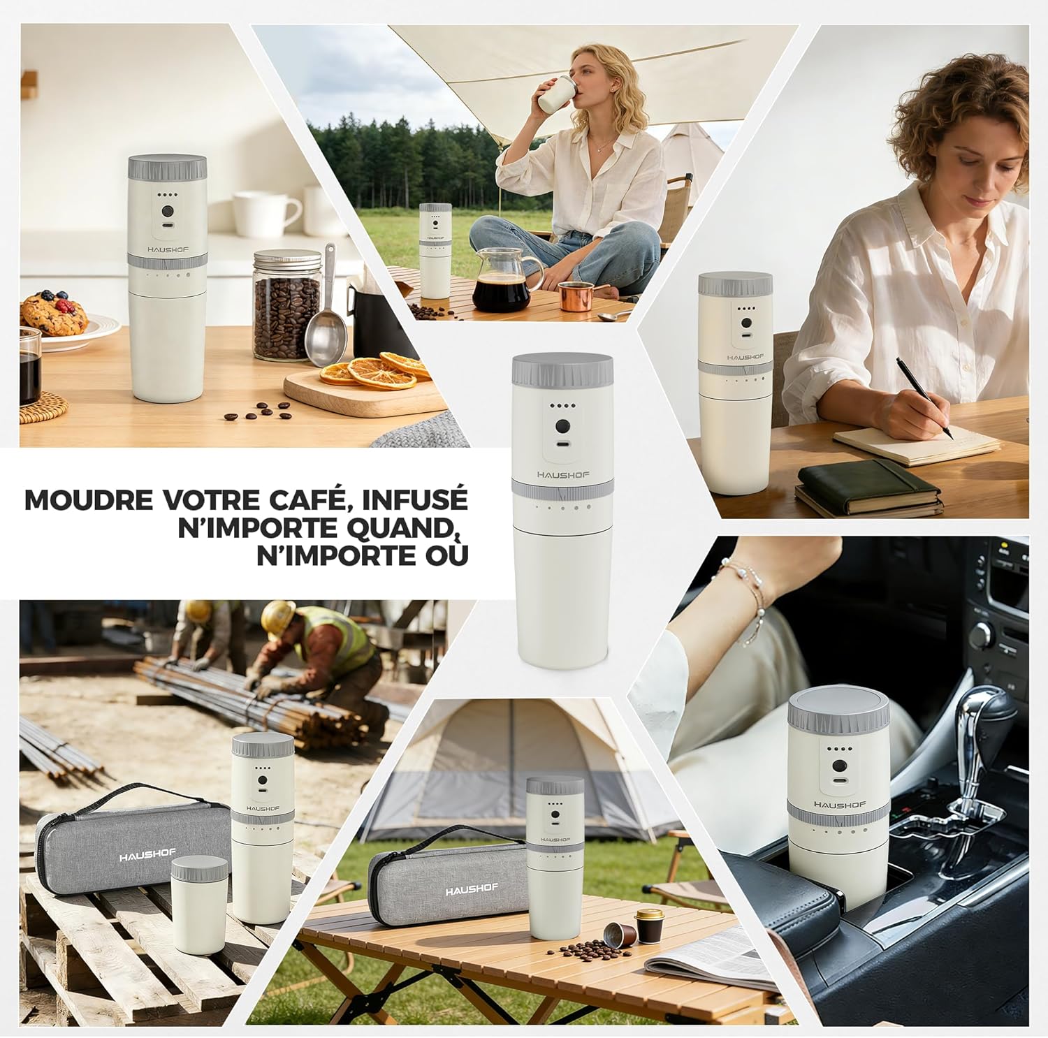 HAUSHOF Draagbare alles-in-één koffiezetapparaat met geïntegreerde molen, 5 maalinstellingen, USB-C oplaadbaar, 300 ml, ideaal voor reizen en kamperen, zwart