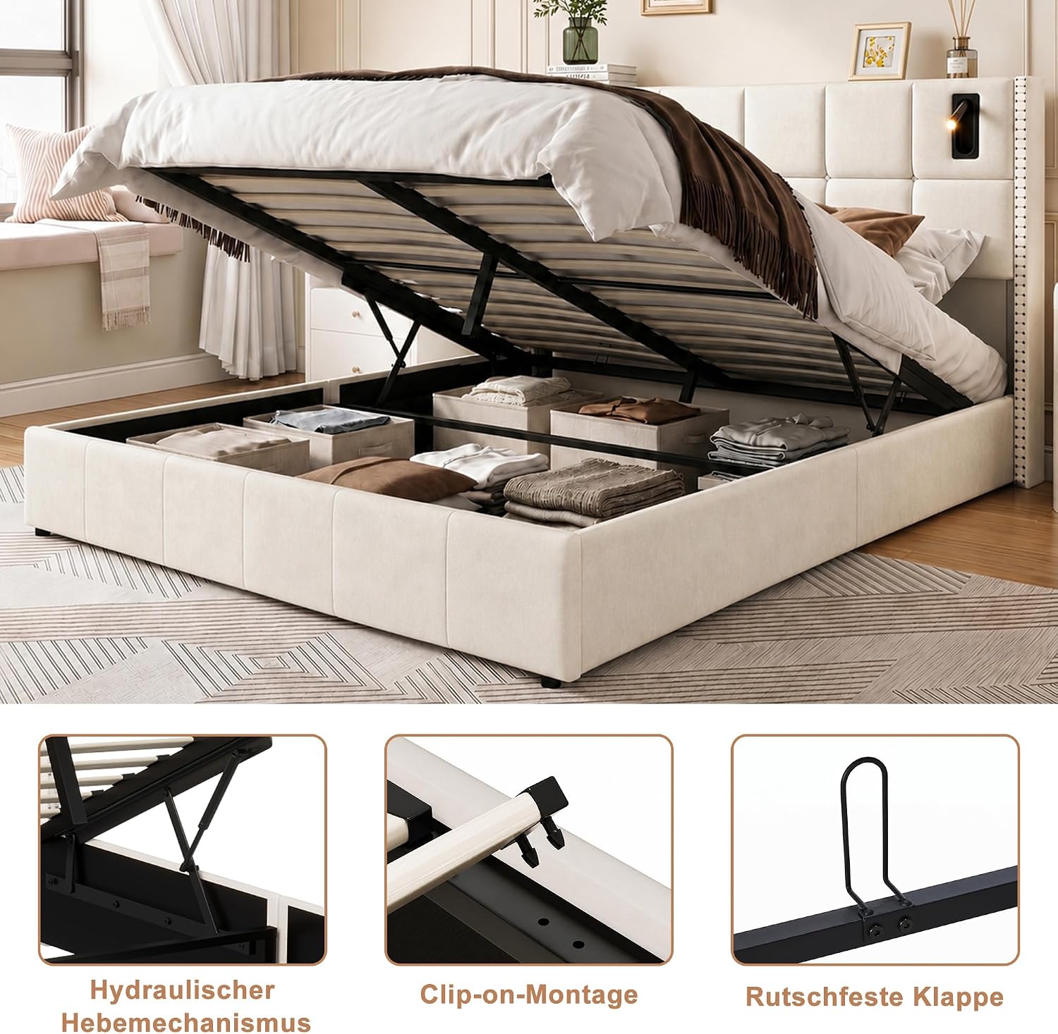 Lit Coffre Capitonné 140 x 200 cm – Tête de Lit Hydraulique & Sommier à Lattes – Flanelle Blanc Cassé