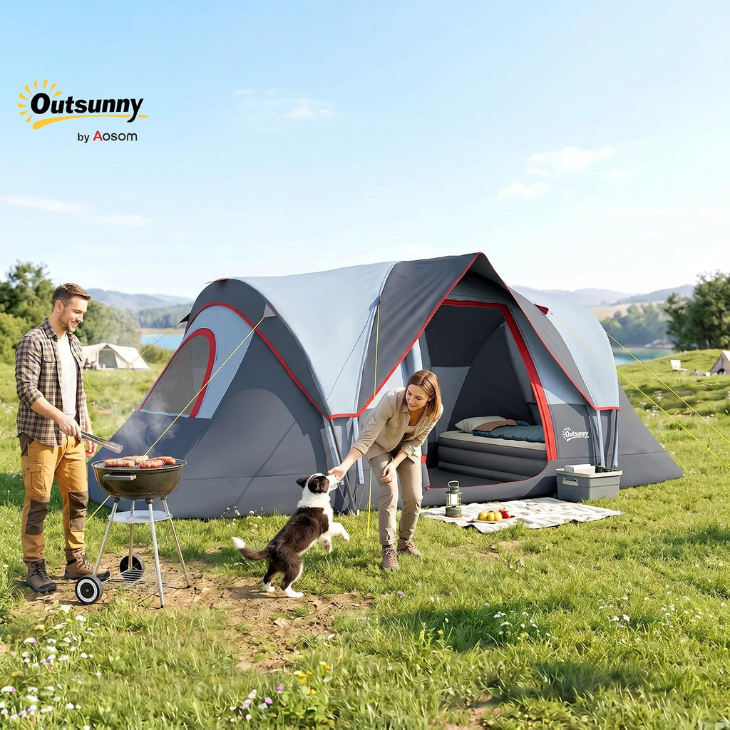 Outsunny Tente de Camping familiale 5-6 pers. - Tente Tunnel étanche légère ventilée Facile à Monter - Grande Porte + 3 fenêtres - dim. 4,55L x 2,2l x 1,8H m Fibre Verre Polyester Oxford