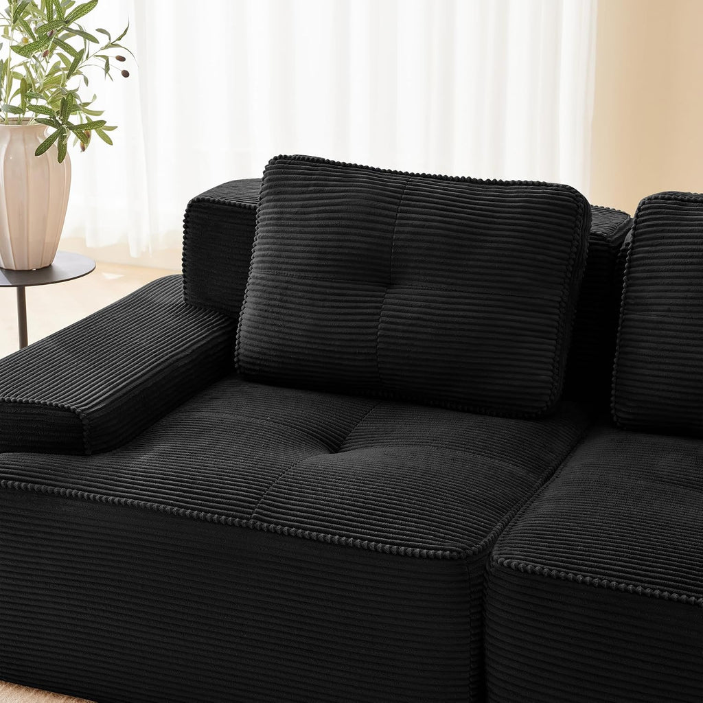 Canapé modulable en L Bladez – 3+1 places – Tissu côtelé kaki clair – Assise profonde