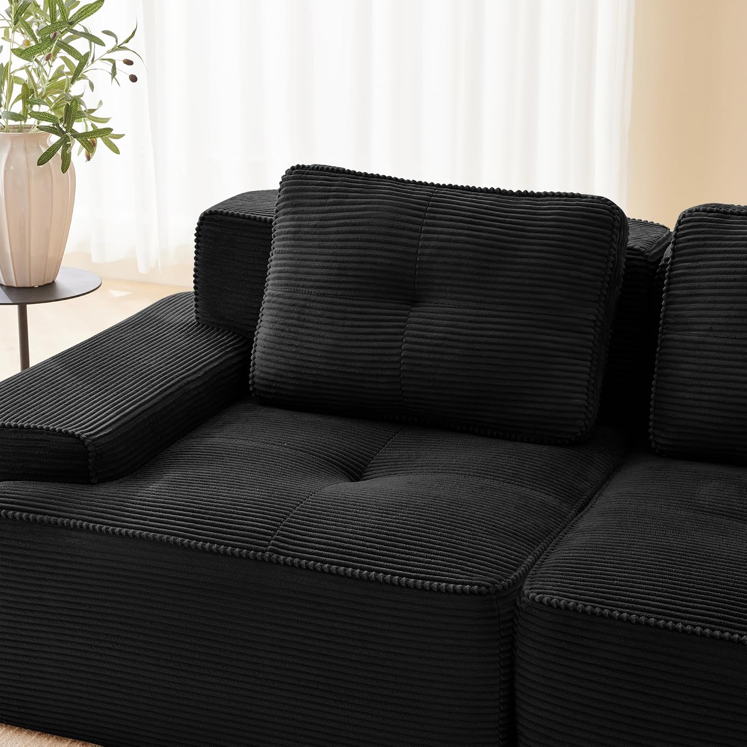 Canapé modulable en L Bladez – 3+1 places – Tissu côtelé kaki clair – Assise profonde