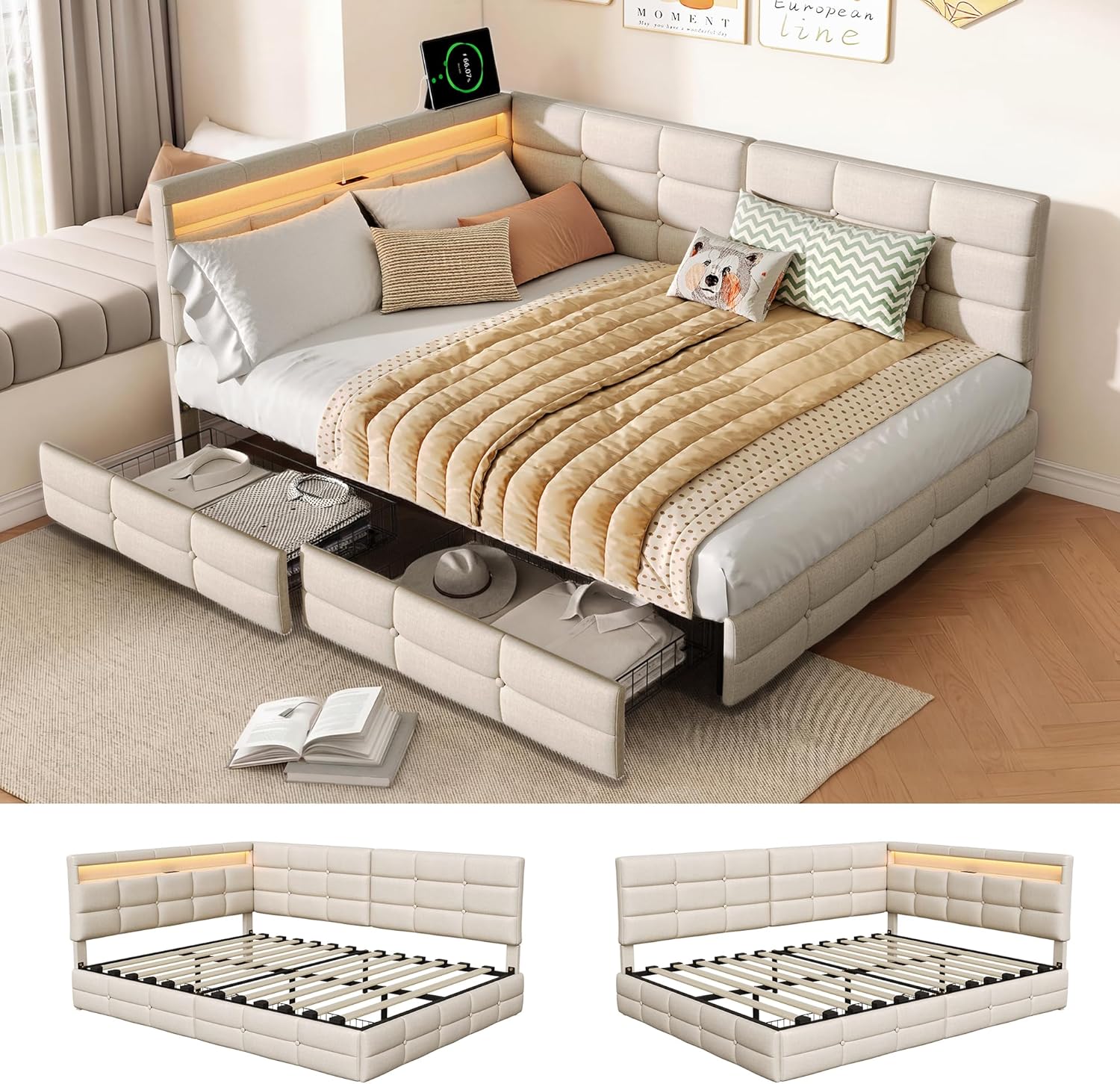 Lit Coffre 90x200 cm – Tête de Lit Rangement, Éclairage LED 16 Couleurs & Ports USB/USB-C
