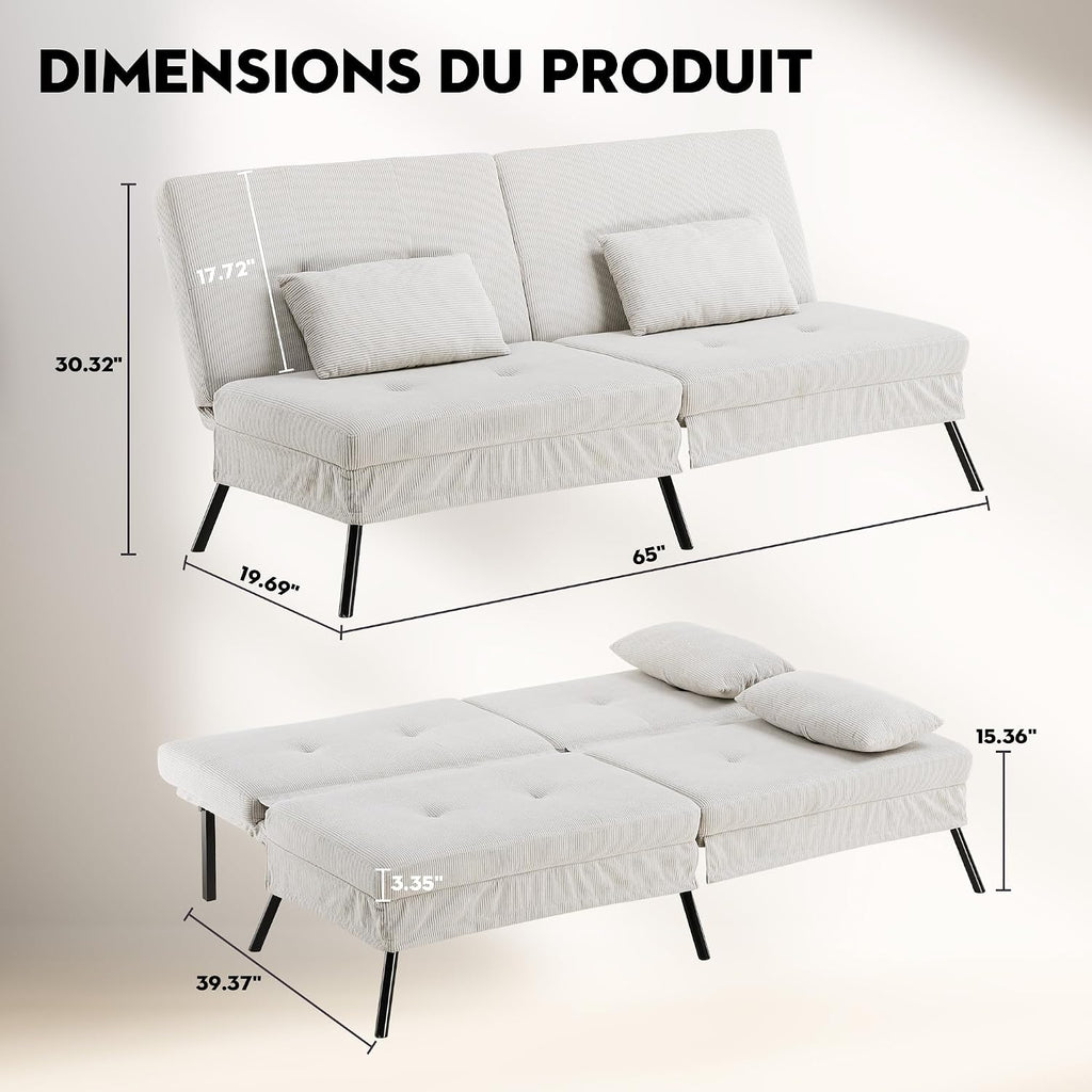 Canapé-lit convertible COMHOMA – 3 places – Tissu gris – Dossier ajustable