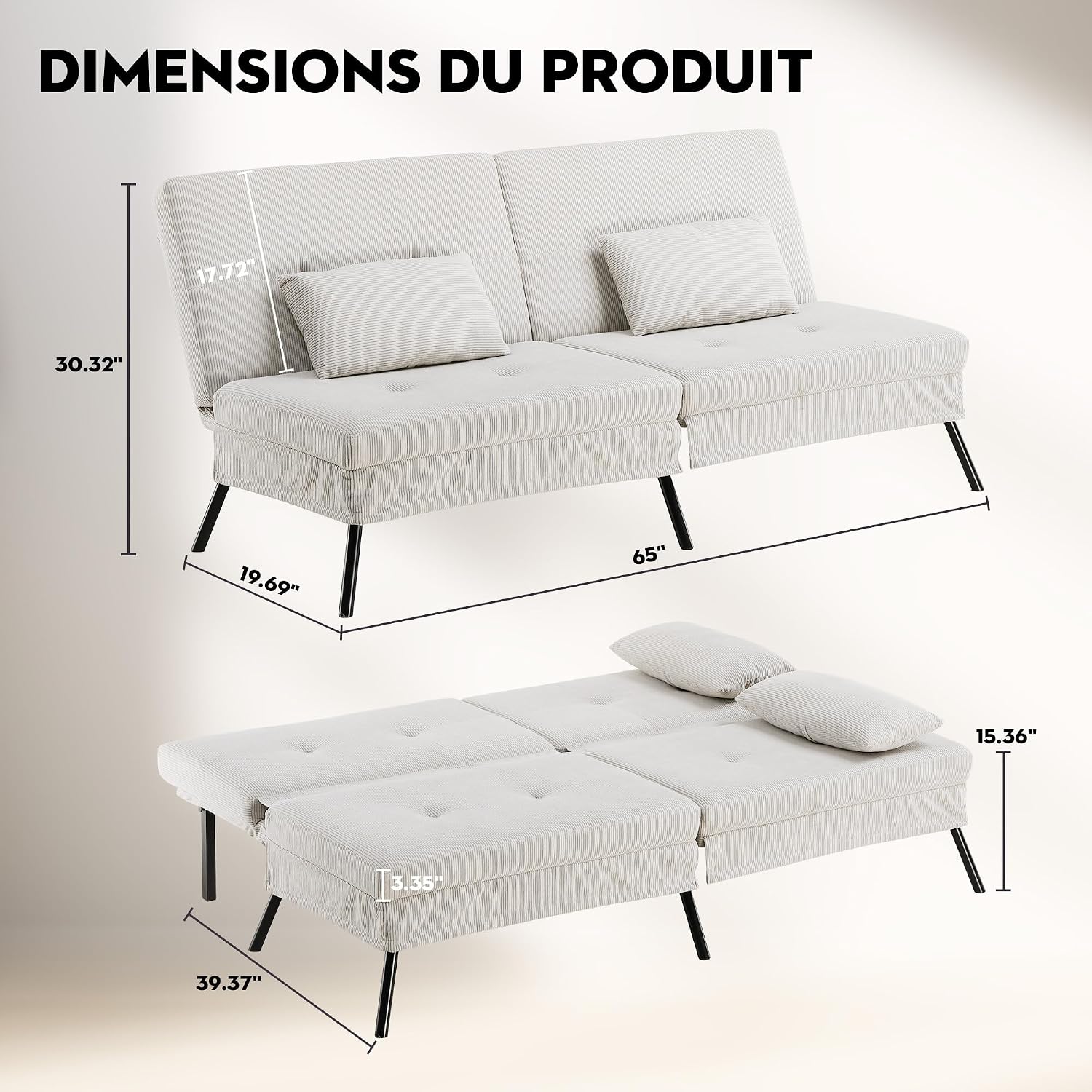 Canapé-lit convertible COMHOMA – 3 places – Tissu gris – Dossier ajustable