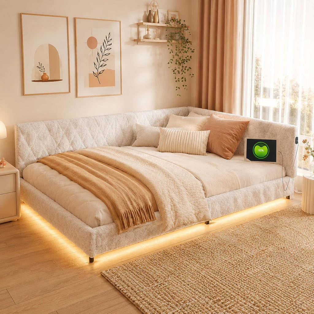 Canapé-Lit Convertible LKPOMI 2 Places — Velours Beige, Lit 180x200 cm