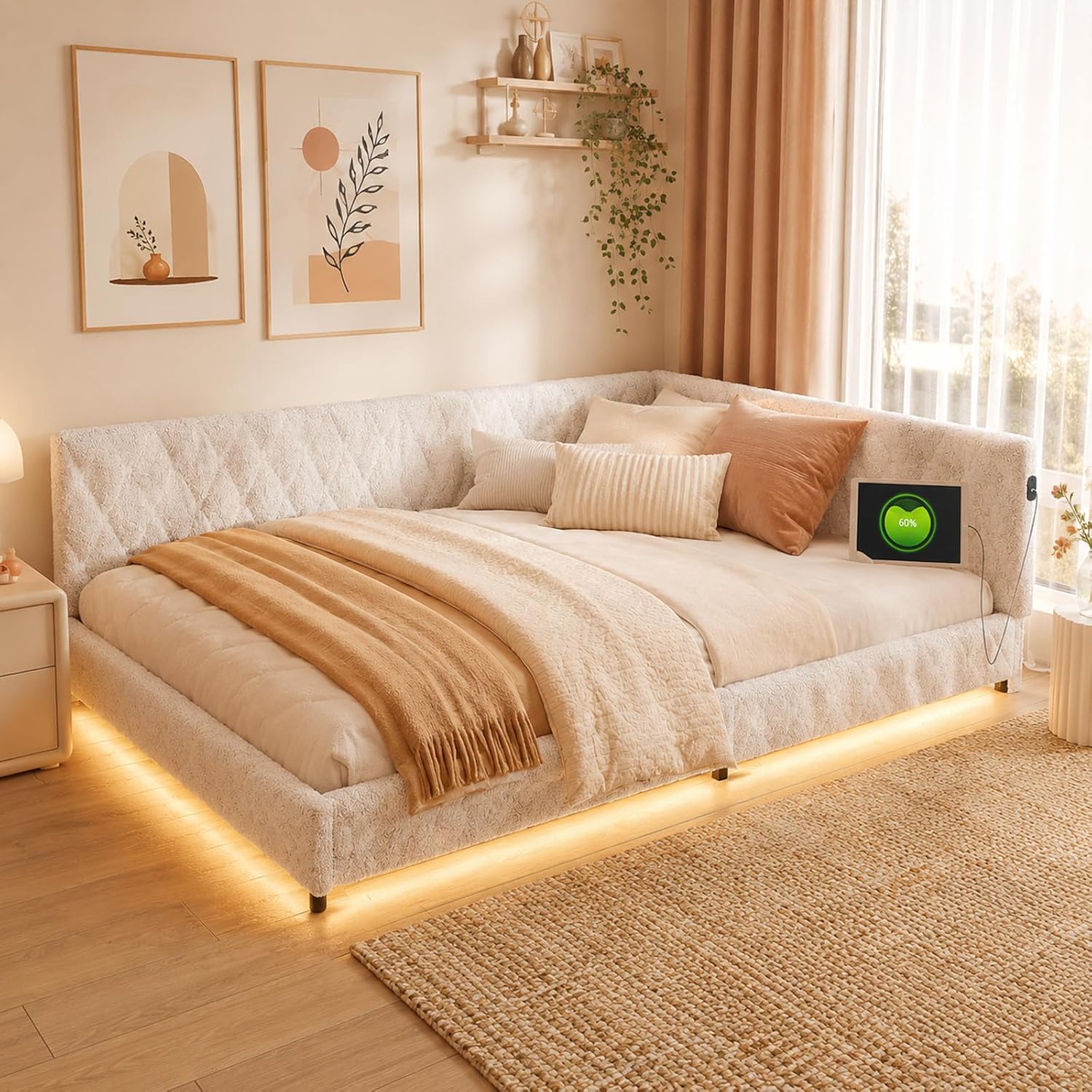 Canapé-Lit Convertible LKPOMI 2 Places — Velours Beige, Lit 180x200 cm