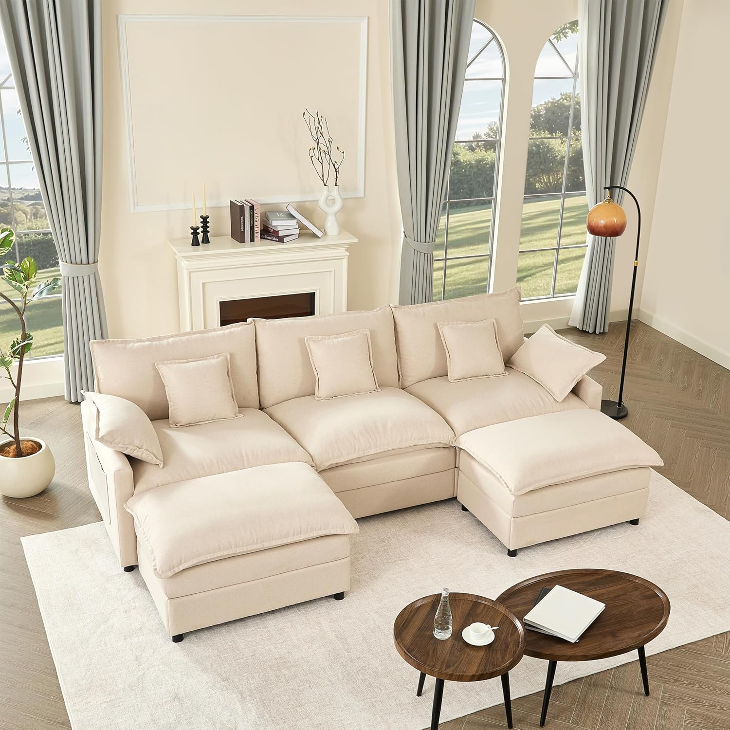 Canapé Modulable Litbird 3 Places — Velours Côtelé, Rose Pâle, Convertible