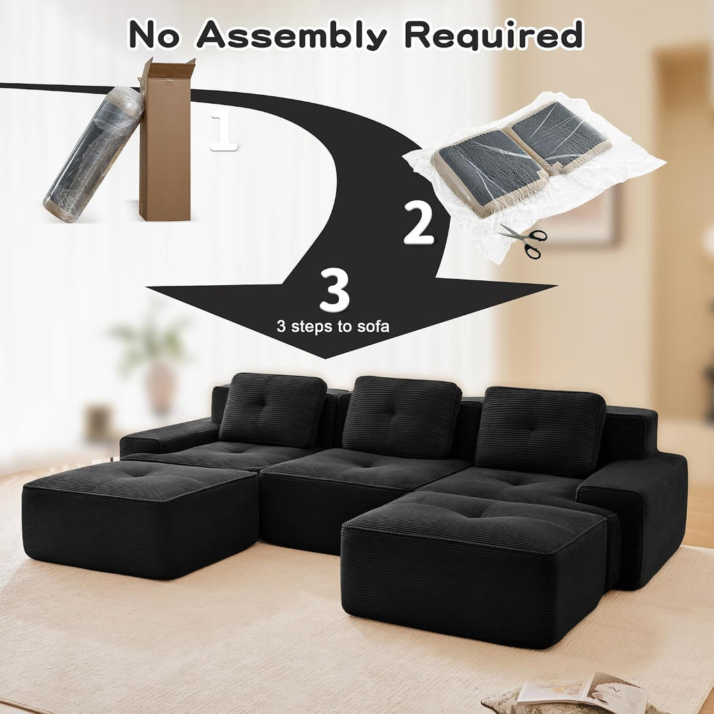 Canapé modulable en L Bladez – 3+1 places – Tissu côtelé kaki clair – Assise profonde