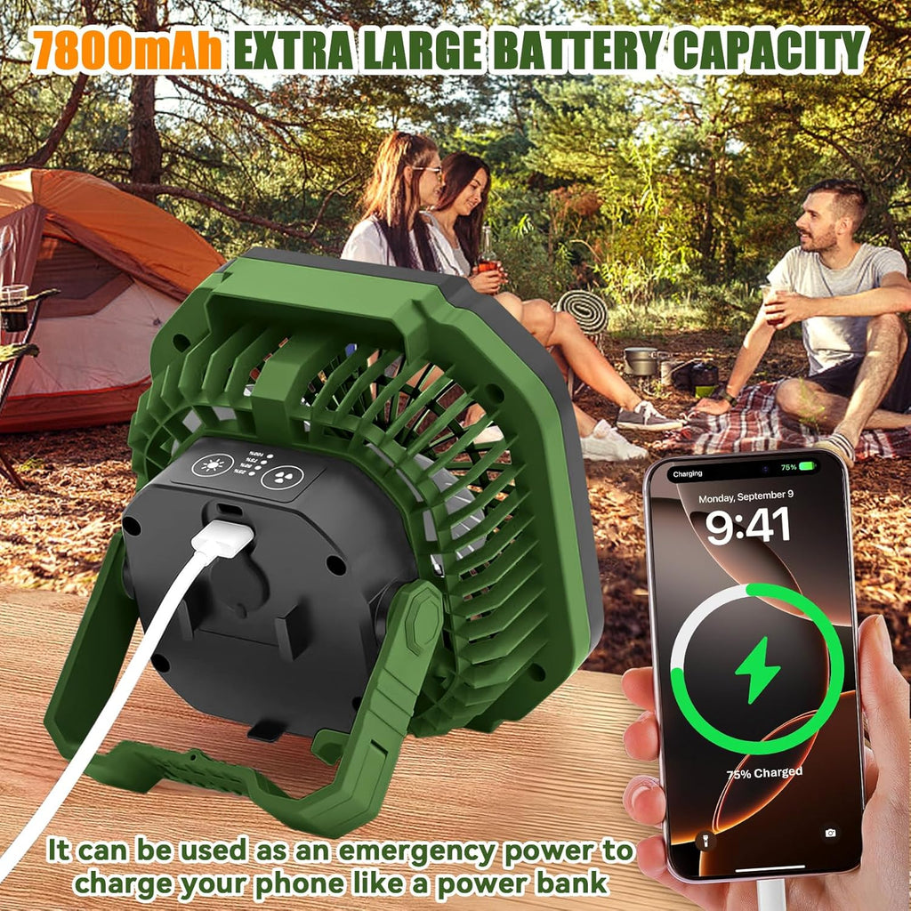 Campingventilator, 7800 mAh, draagbaar, oplaadbaar, met ledlamp, 4 ventilatiesnelheden, met afstandsbediening, voor kamperen in de open lucht, strand en reistenten