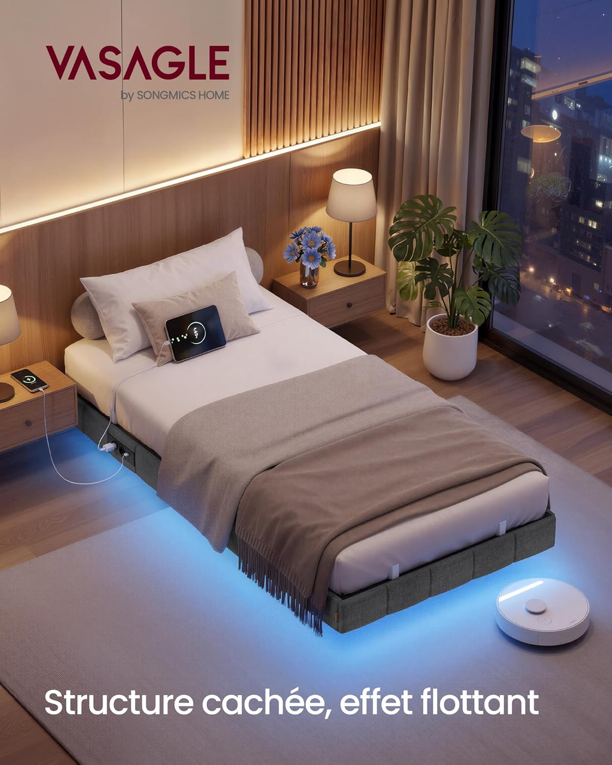 Cadre de Lit 90 x 200 cm avec Lumières LED & Prise Intégrée – Effet Flottant – Gris Ardoise – Charge 250 kg