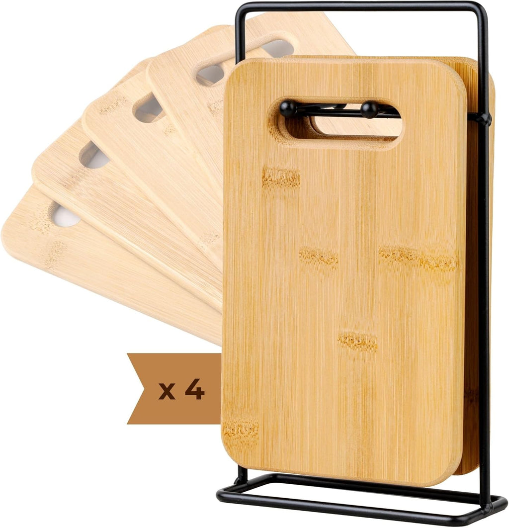 Lot de 4 Planches à Découper en Bambou avec Support Inox