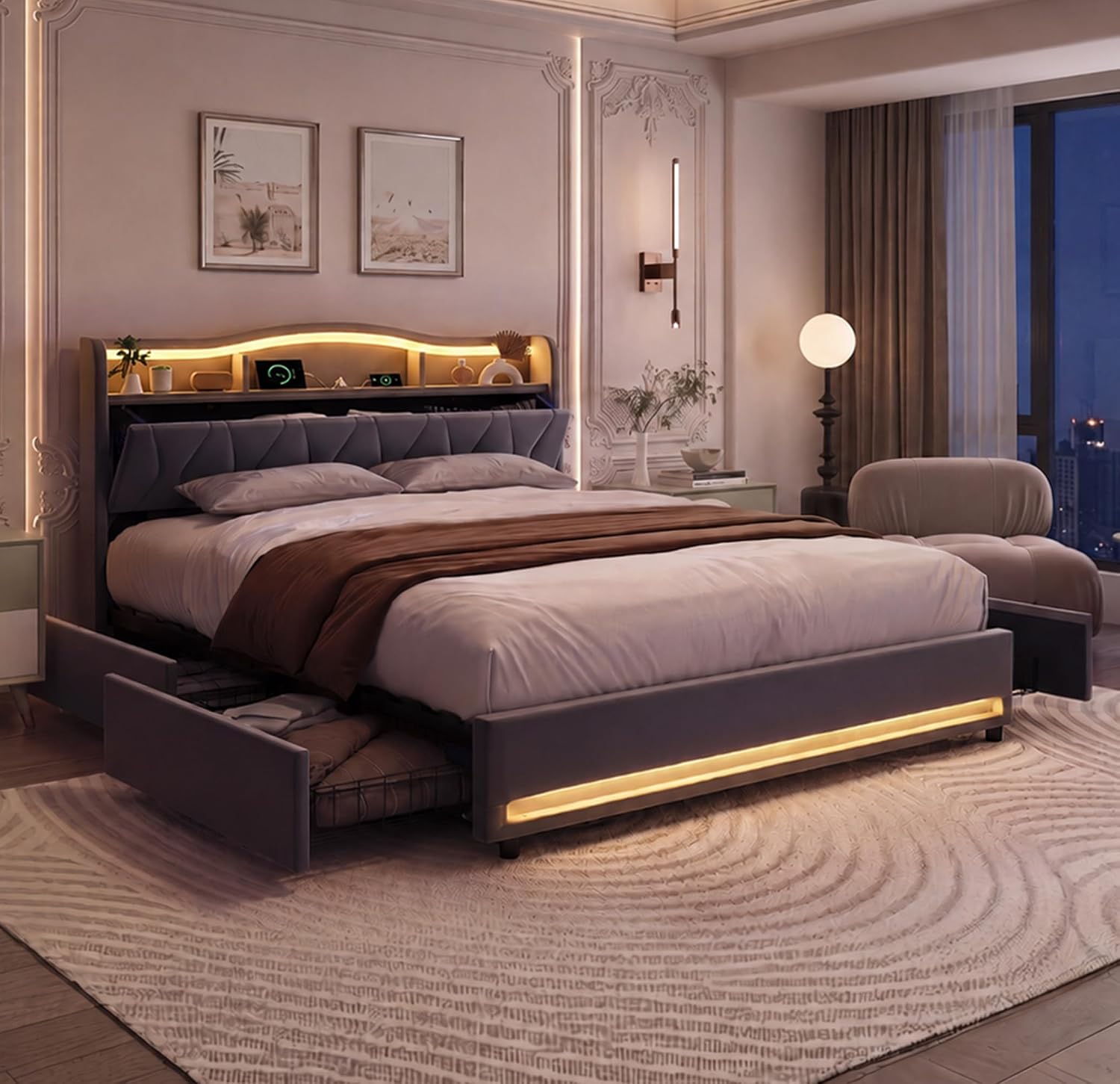 Lit Double 140x200 cm – 4 Tiroirs de Rangement, Éclairage LED +6000 Couleurs & Tête de Lit Réglable en PU