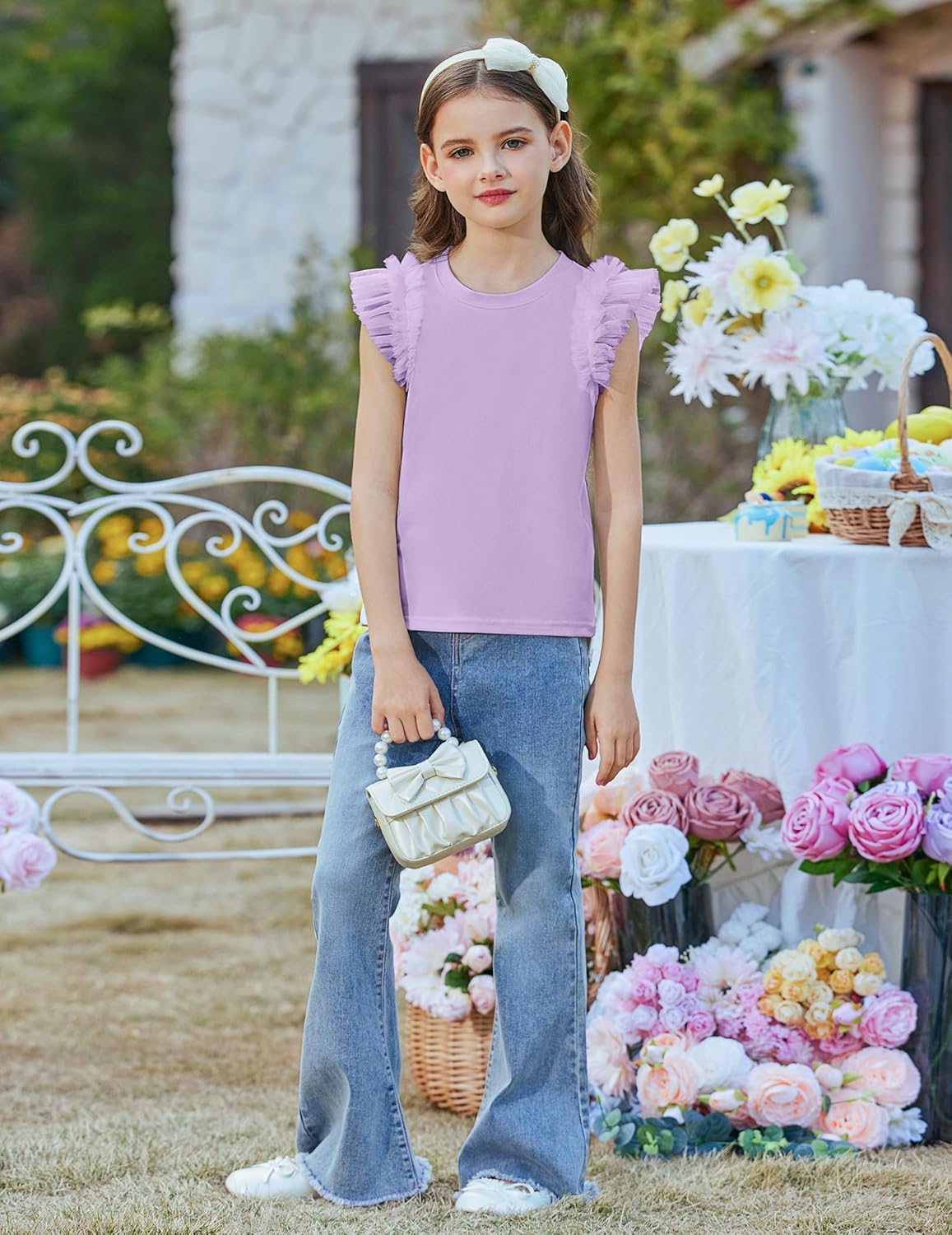 Arshiner T-shirt met kanten mouwen voor meisjes, zomertop, ronde hals, korte mouwen, casual, effen, 5-14 jaar
