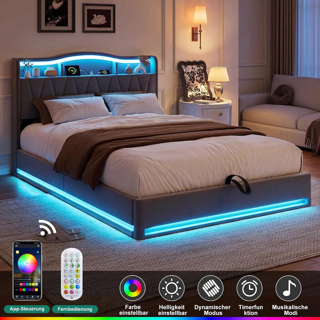 Lit Coffre BRILVERDE | LED RGB & Port USB | Sommier à Lattes | Tissu Lin | 90 à 160 x 200 cm