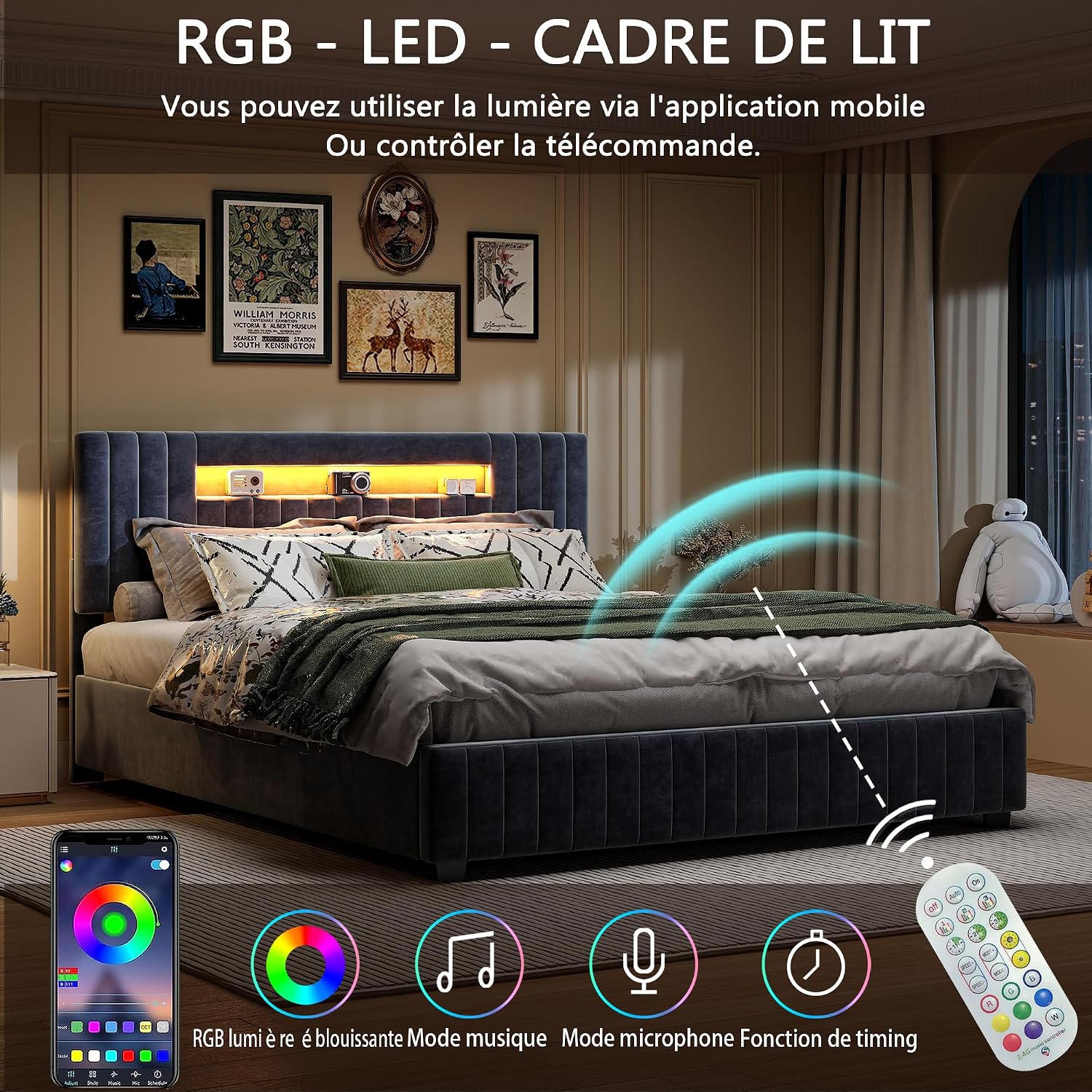Lit Coffre LED RGB & Port USB | Rangement Hydraulique | Tête de Lit Rembourrée avec Étagères | 90 à 160 x 200 cm