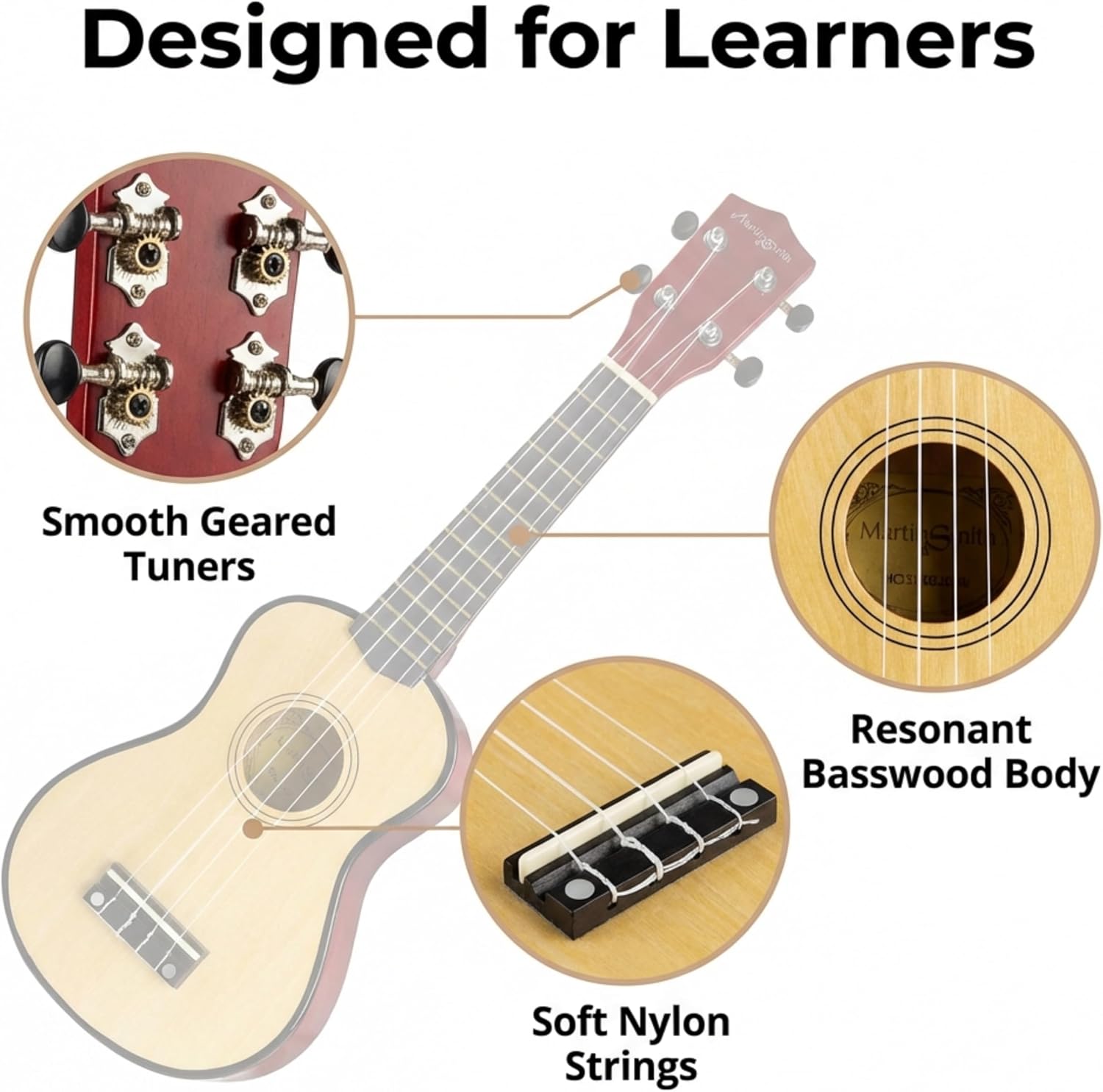 Martin Smith UK-212-PNK-A Ukelele Met Ukelele Tas Roze Design