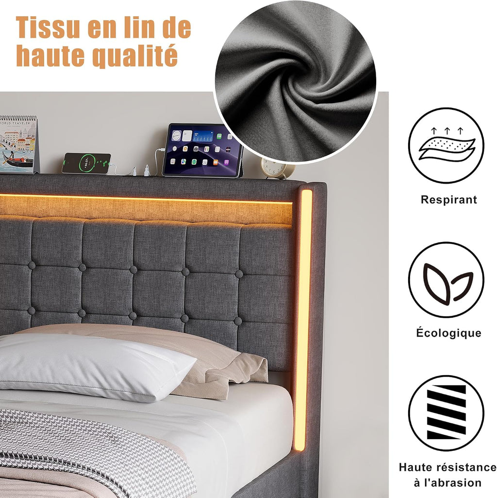Lit Coffre Capitonné 140 x 200 cm – Tête de Lit Hydraulique & Sommier à Lattes – Flanelle Blanc Cassé