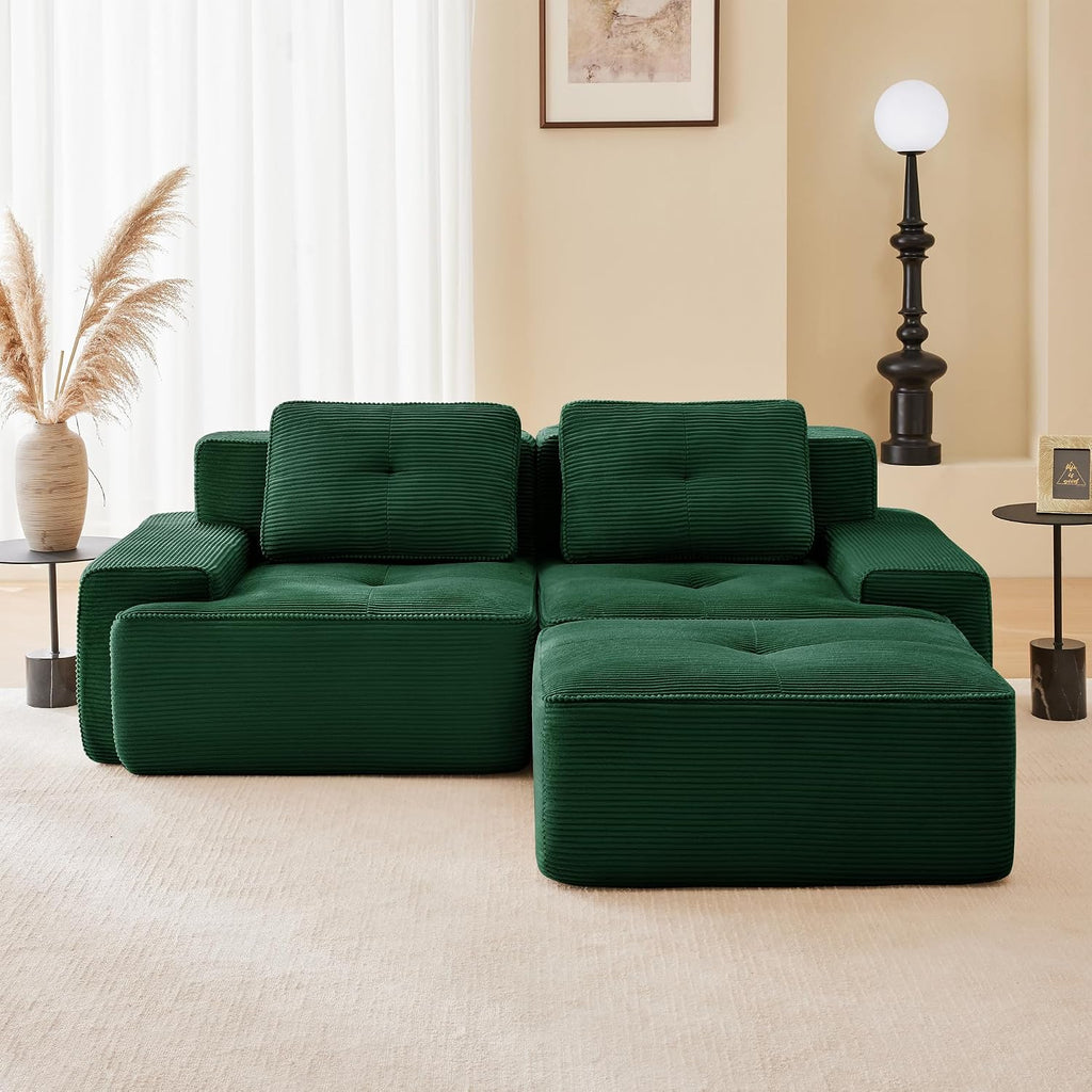 Canapé modulable en L Bladez – 3+1 places – Tissu côtelé kaki clair – Assise profonde