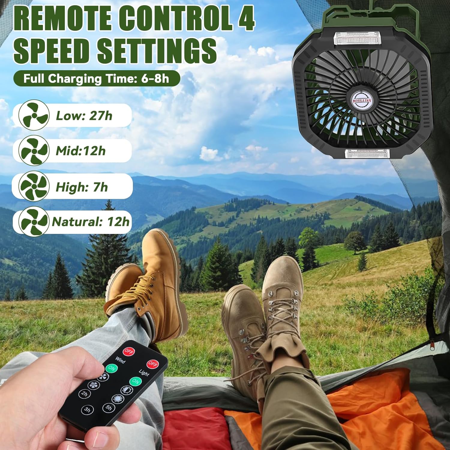Campingventilator, 7800 mAh, draagbaar, oplaadbaar, met ledlamp, 4 ventilatiesnelheden, met afstandsbediening, voor kamperen in de open lucht, strand en reistenten