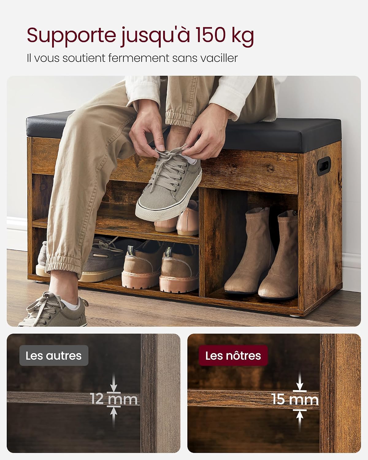 Banc à Chaussures Rembourré VASAGLE – Rangement 3 Compartiments, Style Vintage, 80 cm
