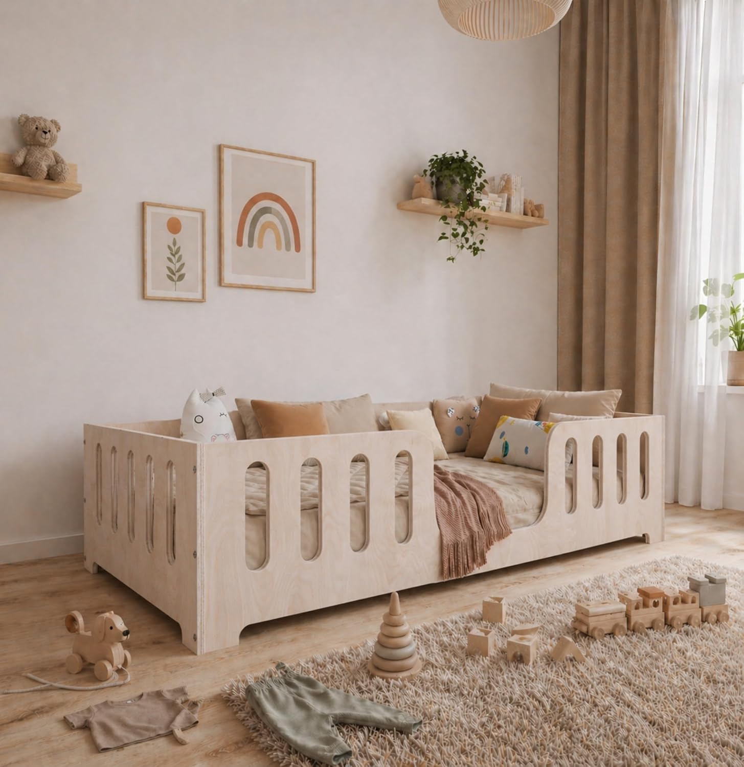 Lit Montessori Enfant 90 x 200 cm – Bois de Hêtre Naturel – Barrière de Sécurité & Sommier à Lattes