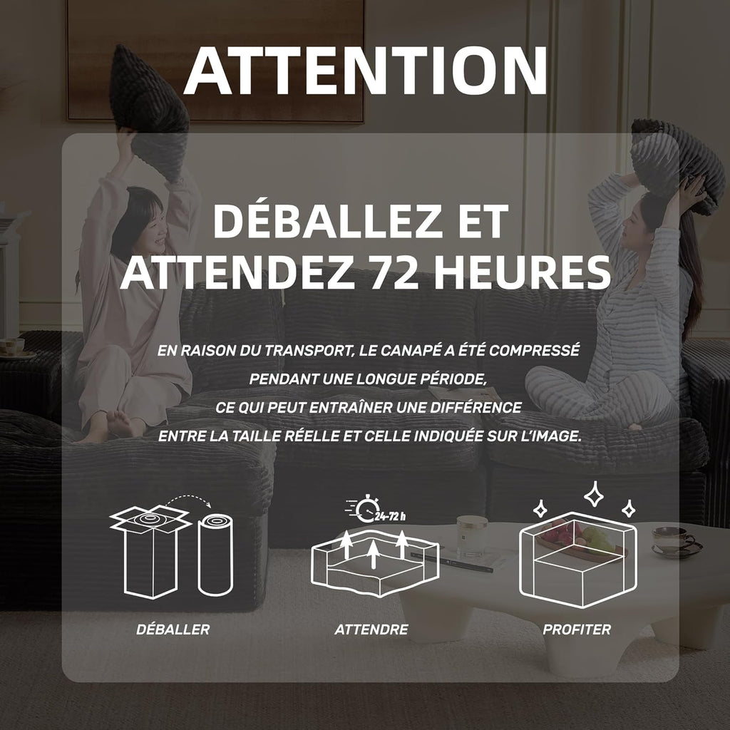 Canapé d'angle modulable Litbird – 3 places + pouf – Velours côtelé beige – Sans montage