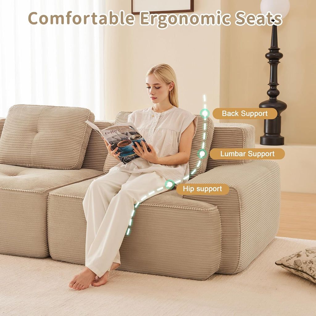 Canapé modulable en L Bladez – 3+1 places – Tissu côtelé kaki clair – Assise profonde
