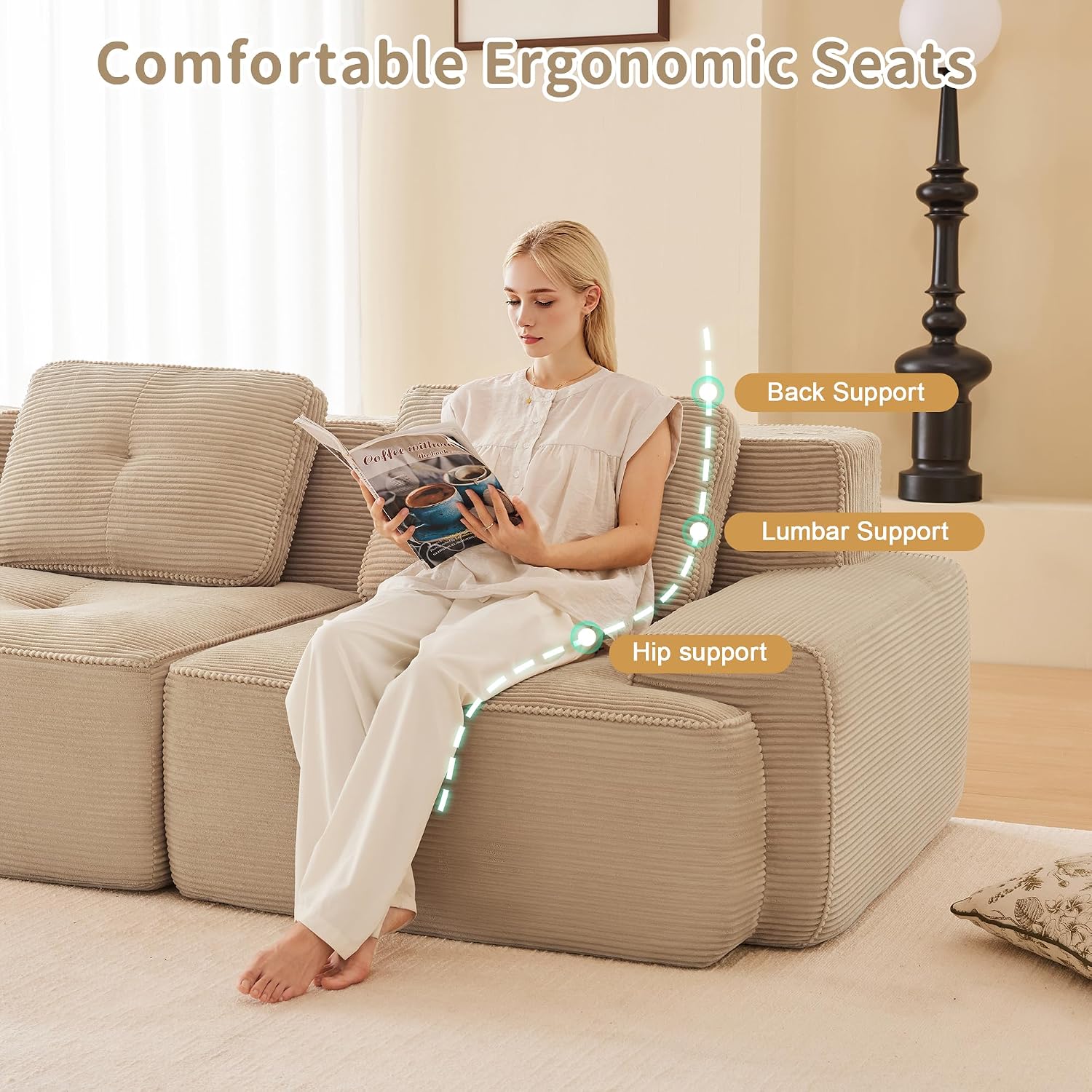 Canapé modulable en L Bladez – 3+1 places – Tissu côtelé kaki clair – Assise profonde
