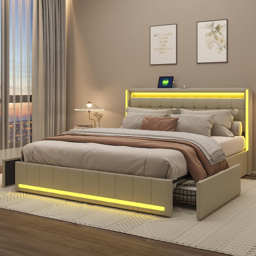 Lit Double 140x200 cm – 4 Tiroirs de Rangement, Éclairage LED +6000 Couleurs & Tête de Lit Réglable en PU