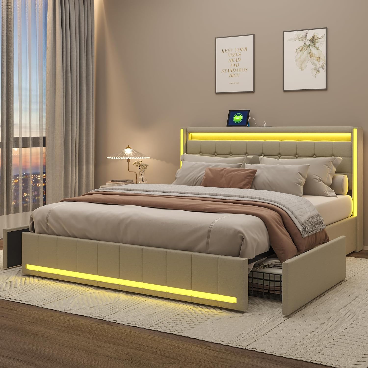 Lit Double 140x200 cm – 4 Tiroirs de Rangement, Éclairage LED +6000 Couleurs & Tête de Lit Réglable en PU