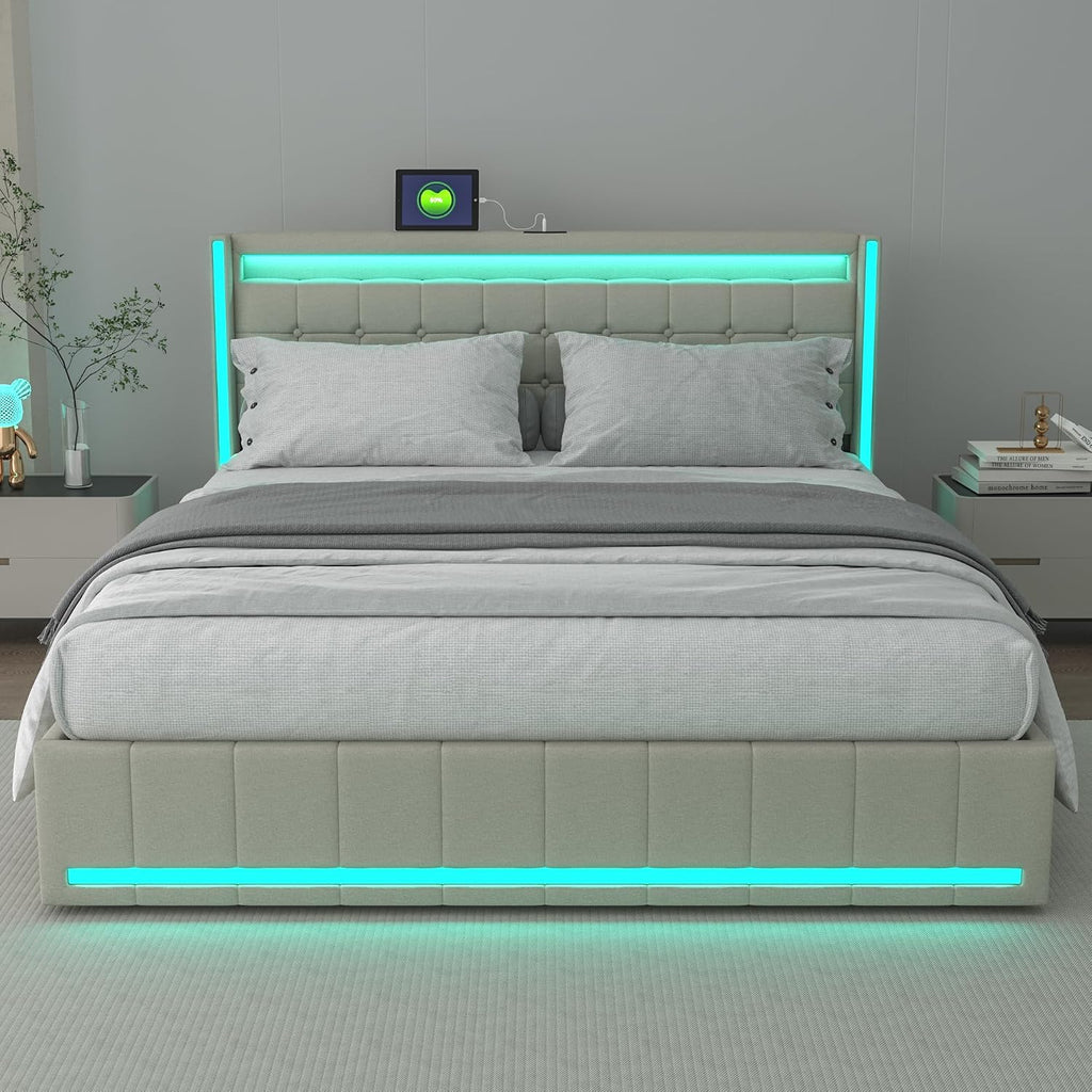 Lit Double 140x200 cm – 4 Tiroirs de Rangement, Éclairage LED +6000 Couleurs & Tête de Lit Réglable en PU