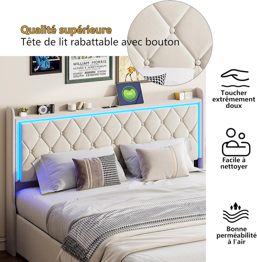 Lit Coffre Capitonné 140 x 200 cm – Tête de Lit Hydraulique & Sommier à Lattes – Flanelle Blanc Cassé