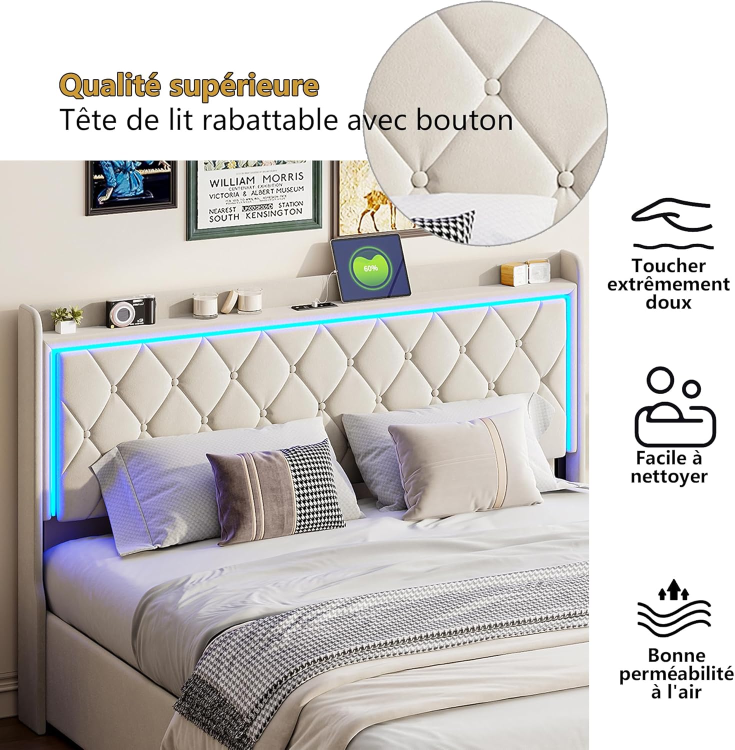 Lit Coffre Capitonné 140 x 200 cm – Tête de Lit Hydraulique & Sommier à Lattes – Flanelle Blanc Cassé