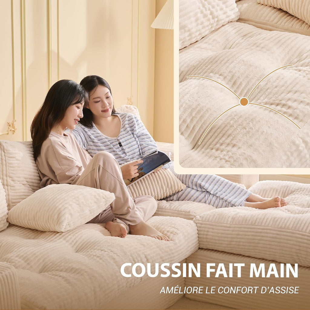 Canapé d'angle modulable Litbird – 3 places + pouf – Velours côtelé beige – Sans montage