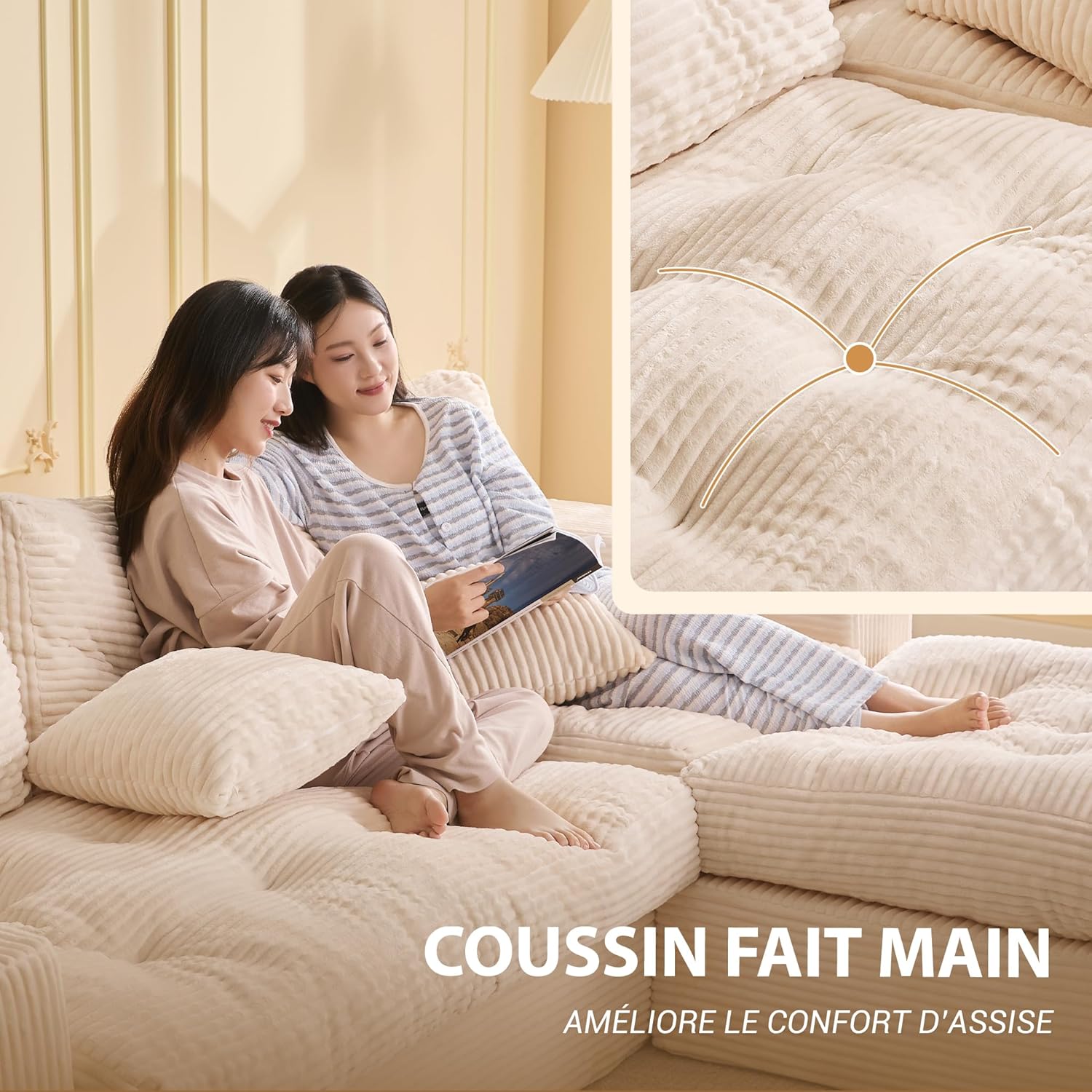 Canapé d'angle modulable Litbird – 3 places + pouf – Velours côtelé beige – Sans montage