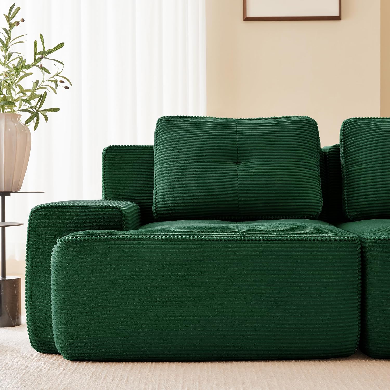 Canapé modulable en L Bladez – 3+1 places – Tissu côtelé kaki clair – Assise profonde