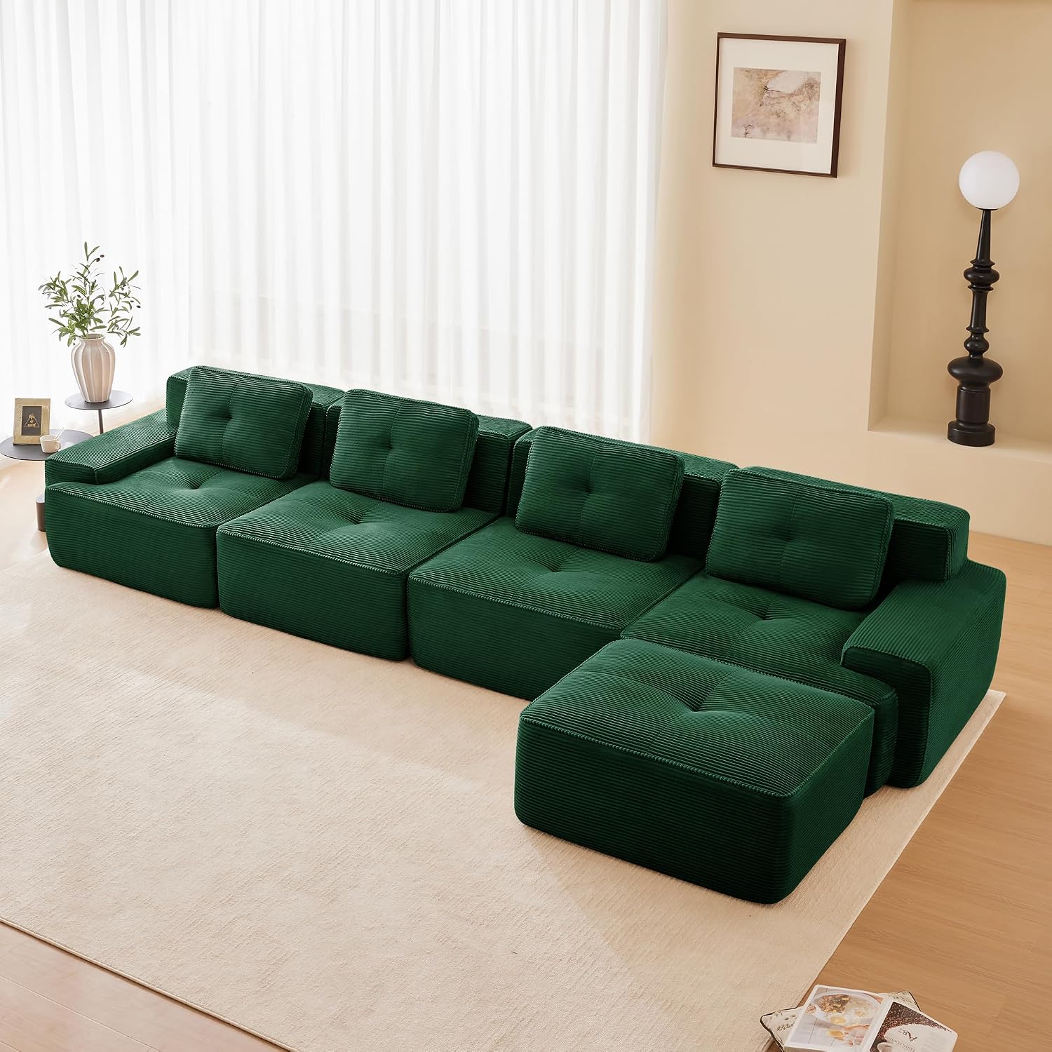 Canapé modulable en L Bladez – 3+1 places – Tissu côtelé kaki clair – Assise profonde