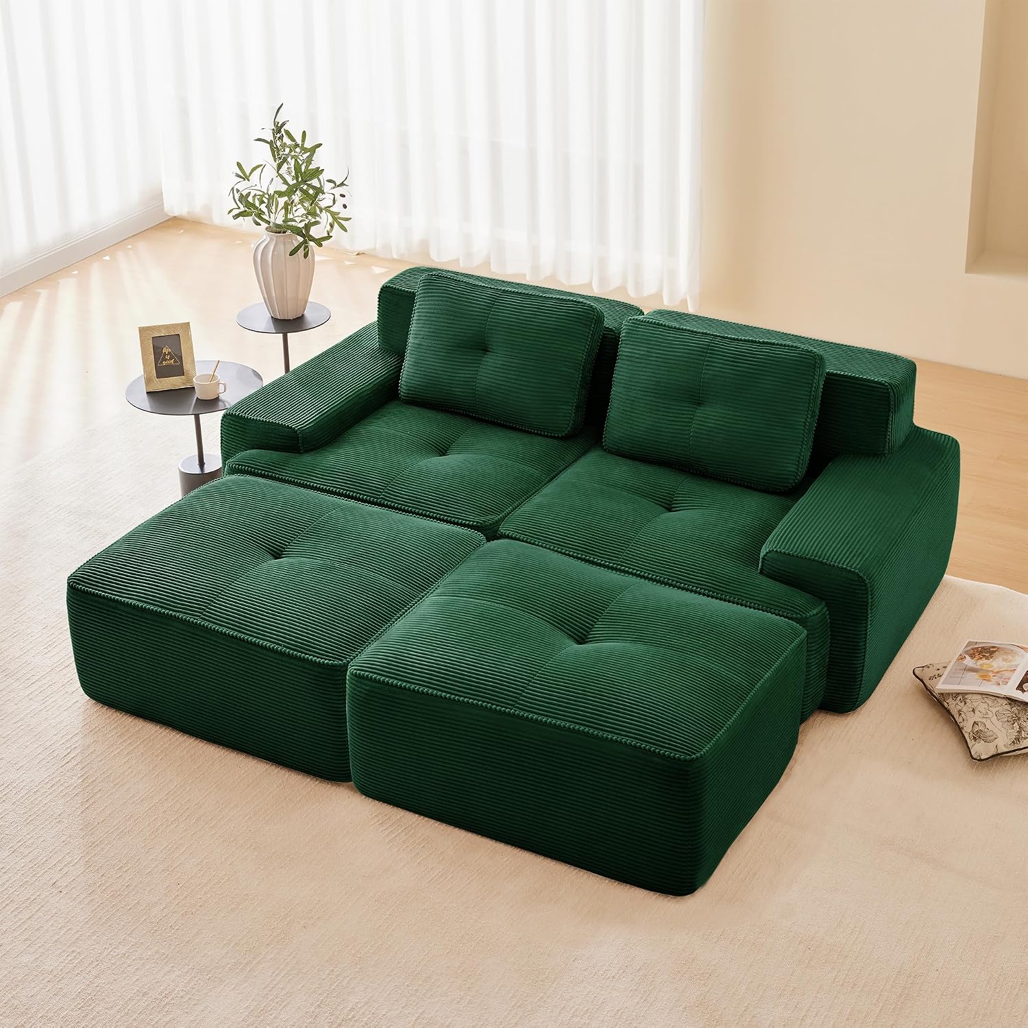 Canapé modulable en L Bladez – 3+1 places – Tissu côtelé kaki clair – Assise profonde