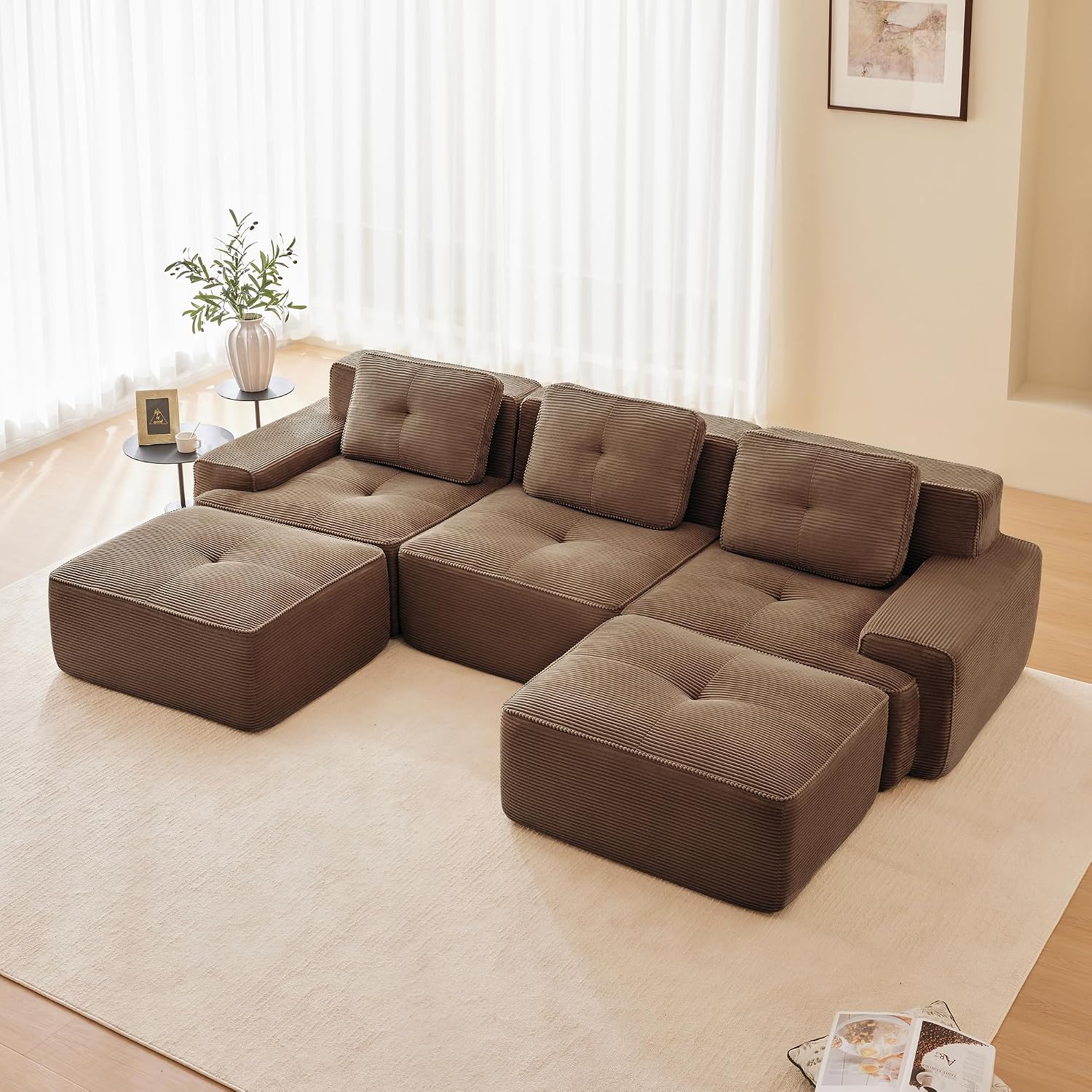 Canapé modulable en L Bladez – 3+1 places – Tissu côtelé kaki clair – Assise profonde
