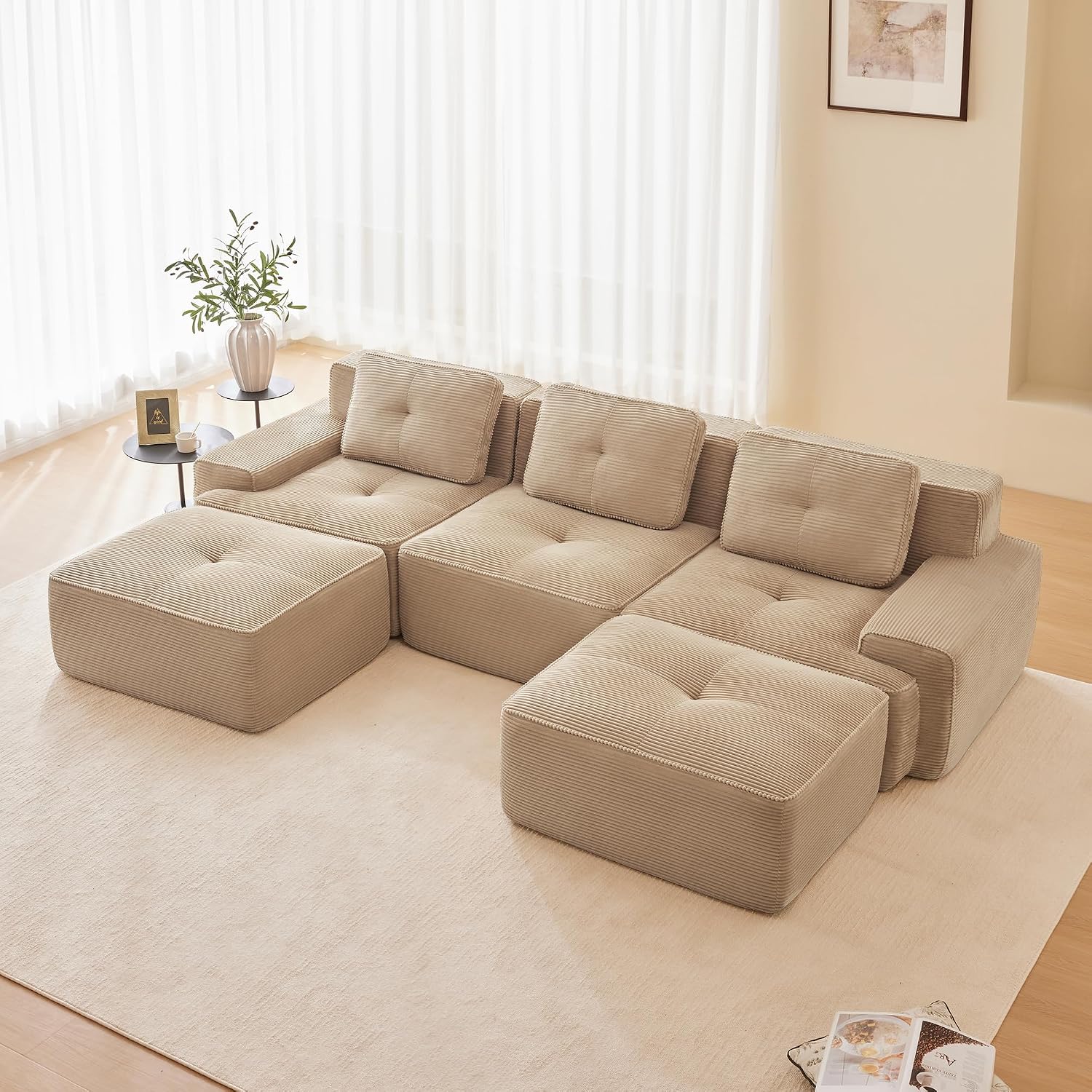 Canapé modulable en L Bladez – 3+1 places – Tissu côtelé kaki clair – Assise profonde
