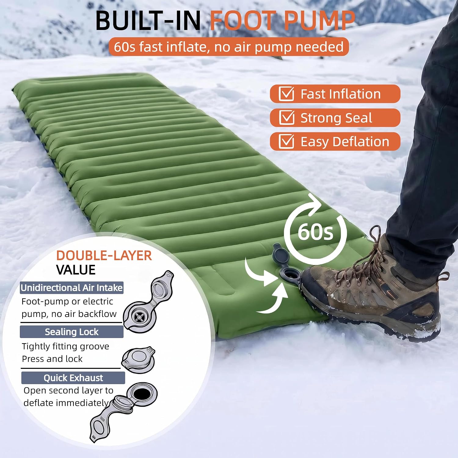 800 g ultralicht opblaasbaar campingmatras, compacte slaapmat met geïntegreerde voetpomp voor tent, wandelen, buiten