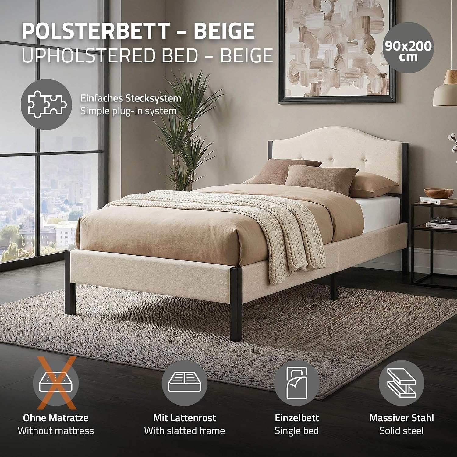 Lit Rembourré ML-Design | Cadre en Acier, Sommier à Lattes, Tête de Lit | Tissu Lin Beige ou Gris | 90/140/160/180 x 200 cm
