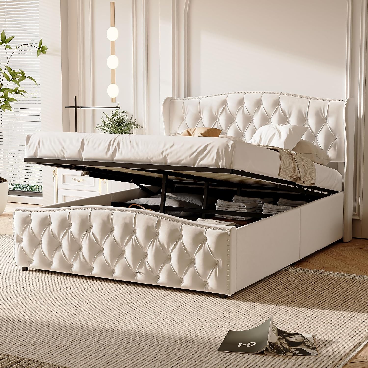 Lit Coffre Capitonné 140 x 200 cm – Tête de Lit Hydraulique & Sommier à Lattes – Flanelle Blanc Cassé
